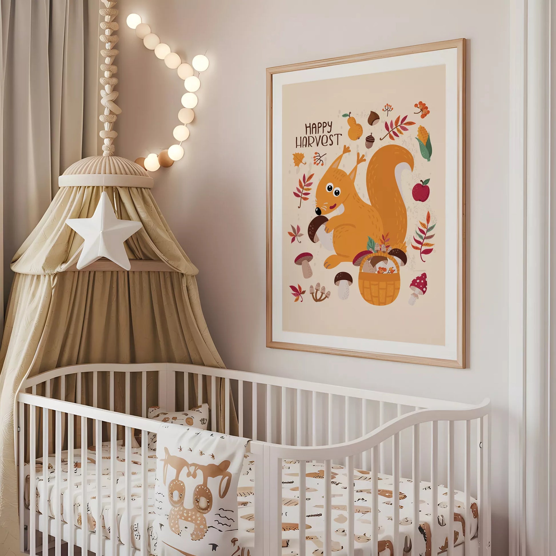 秋のりすときのこのかわいいイラスト子供部屋用北欧アートポスター