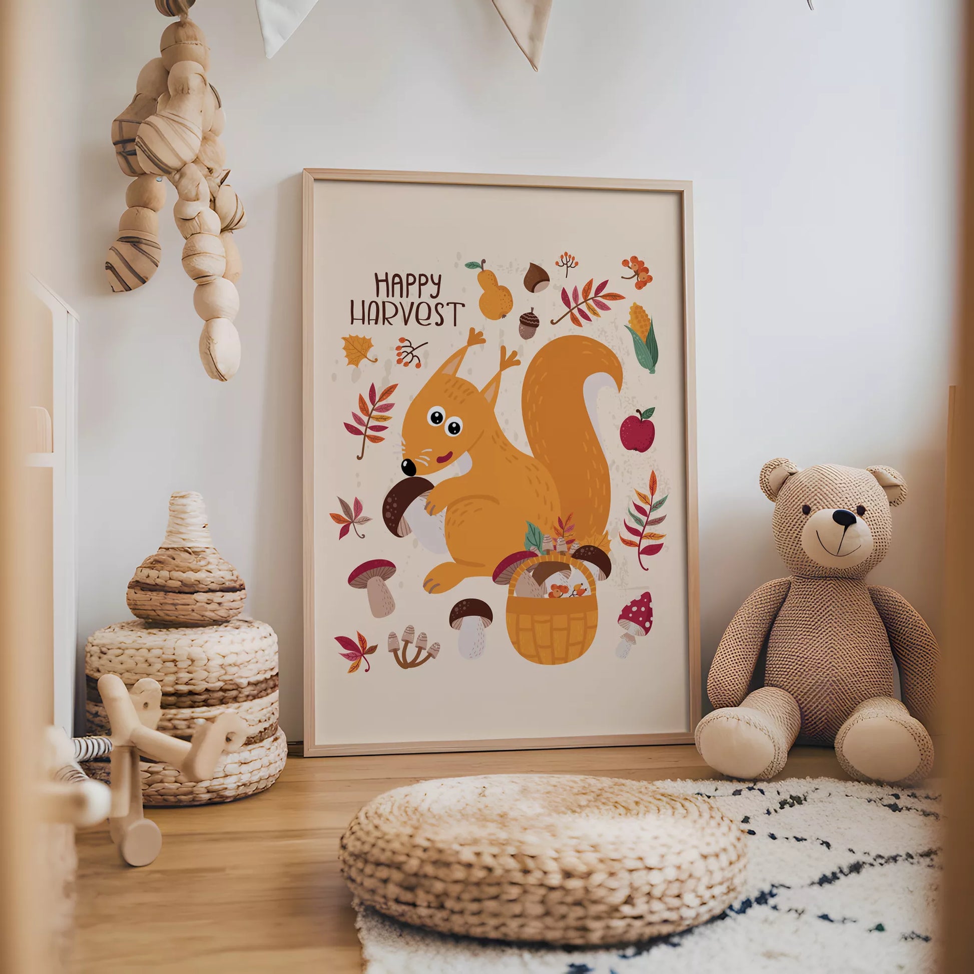 秋のりすときのこのかわいいイラスト子供部屋用北欧アートポスター
