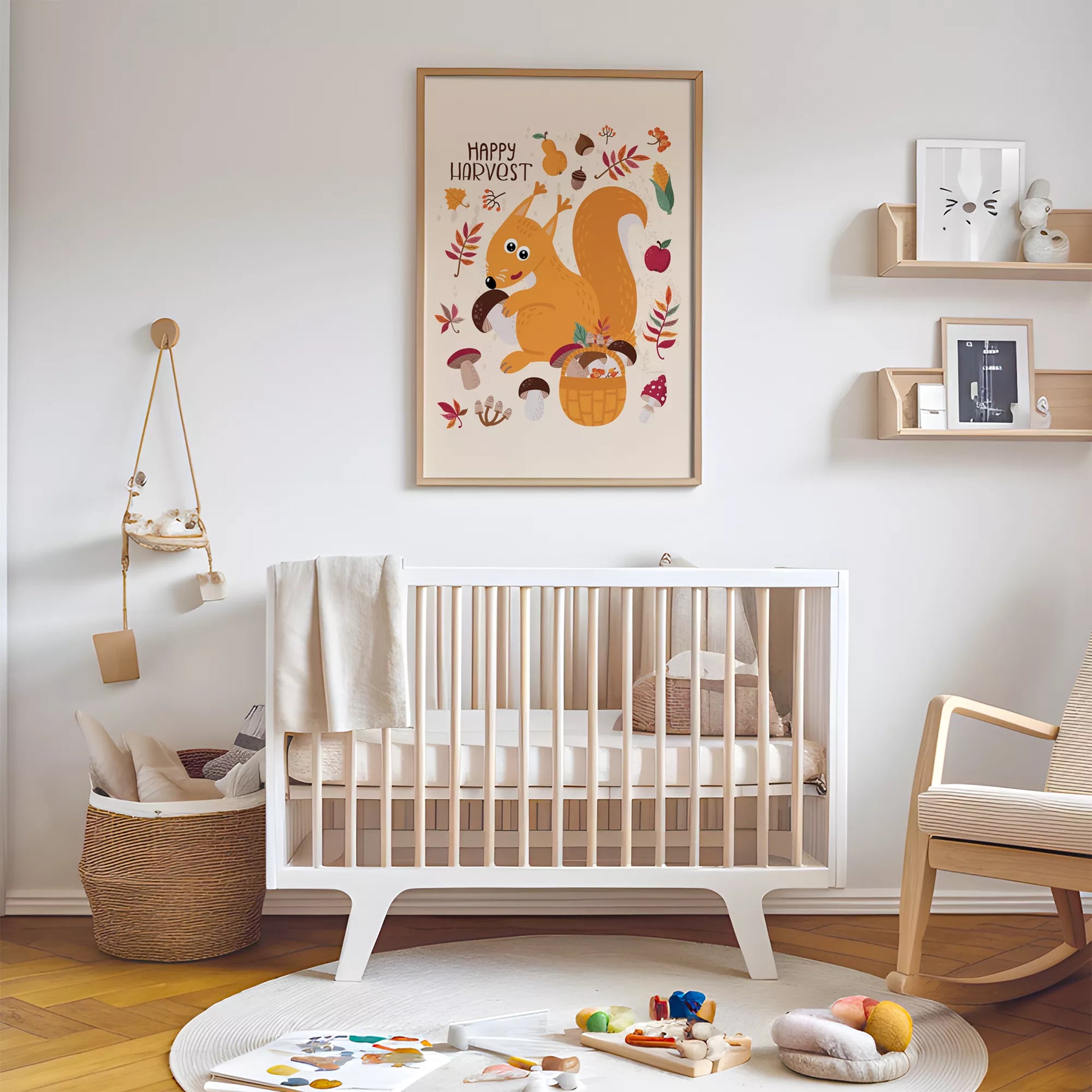 秋のりすときのこのかわいいイラスト子供部屋用北欧アートポスター