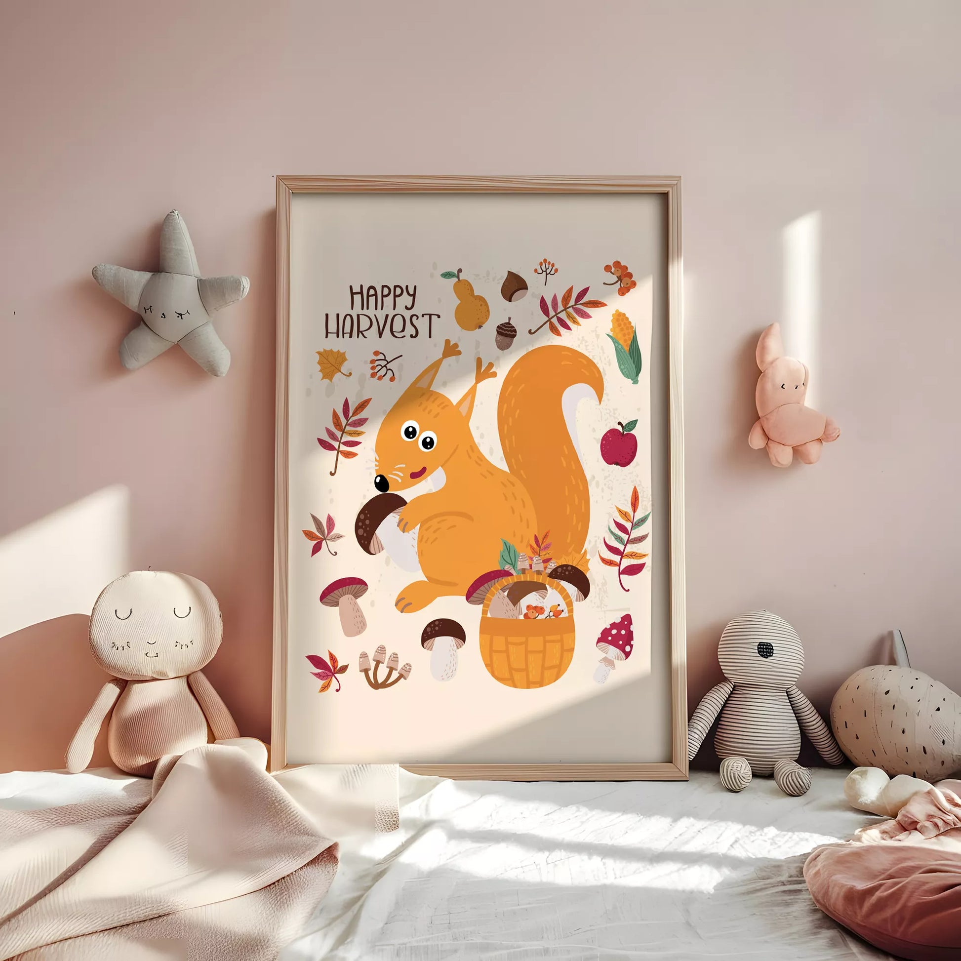 秋のりすときのこのかわいいイラスト子供部屋用北欧アートポスター