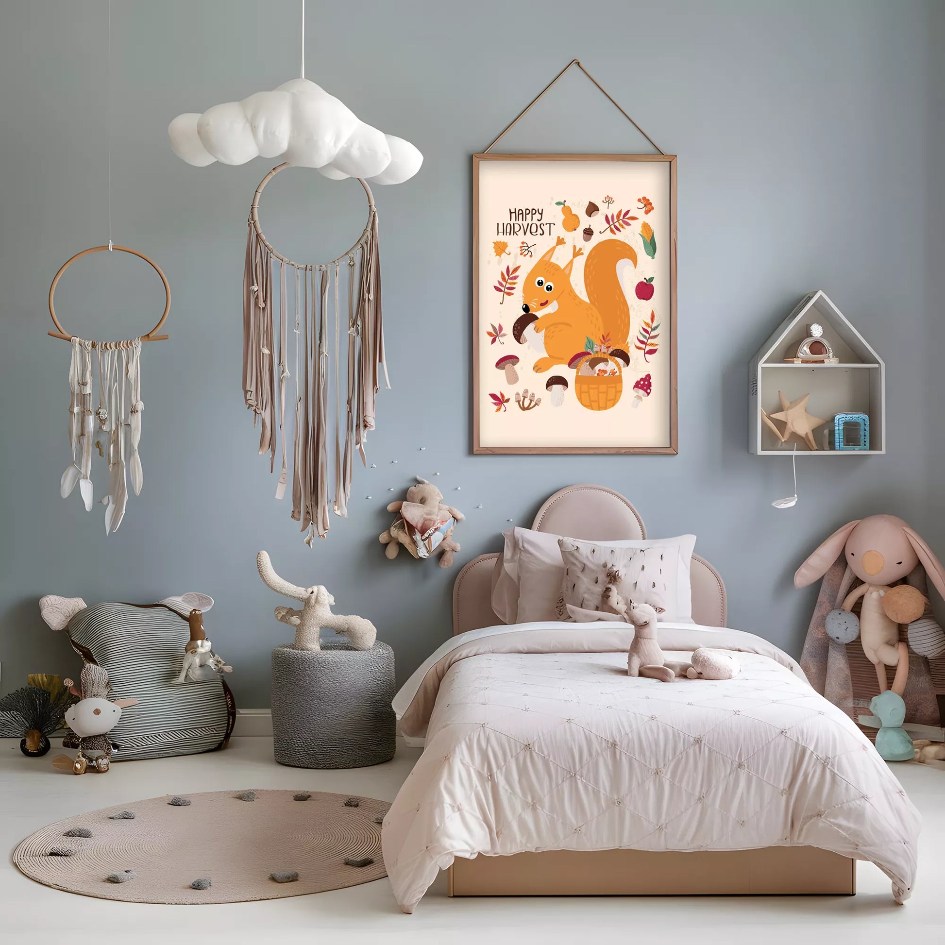秋のりすときのこのかわいいイラスト子供部屋用北欧アートポスター