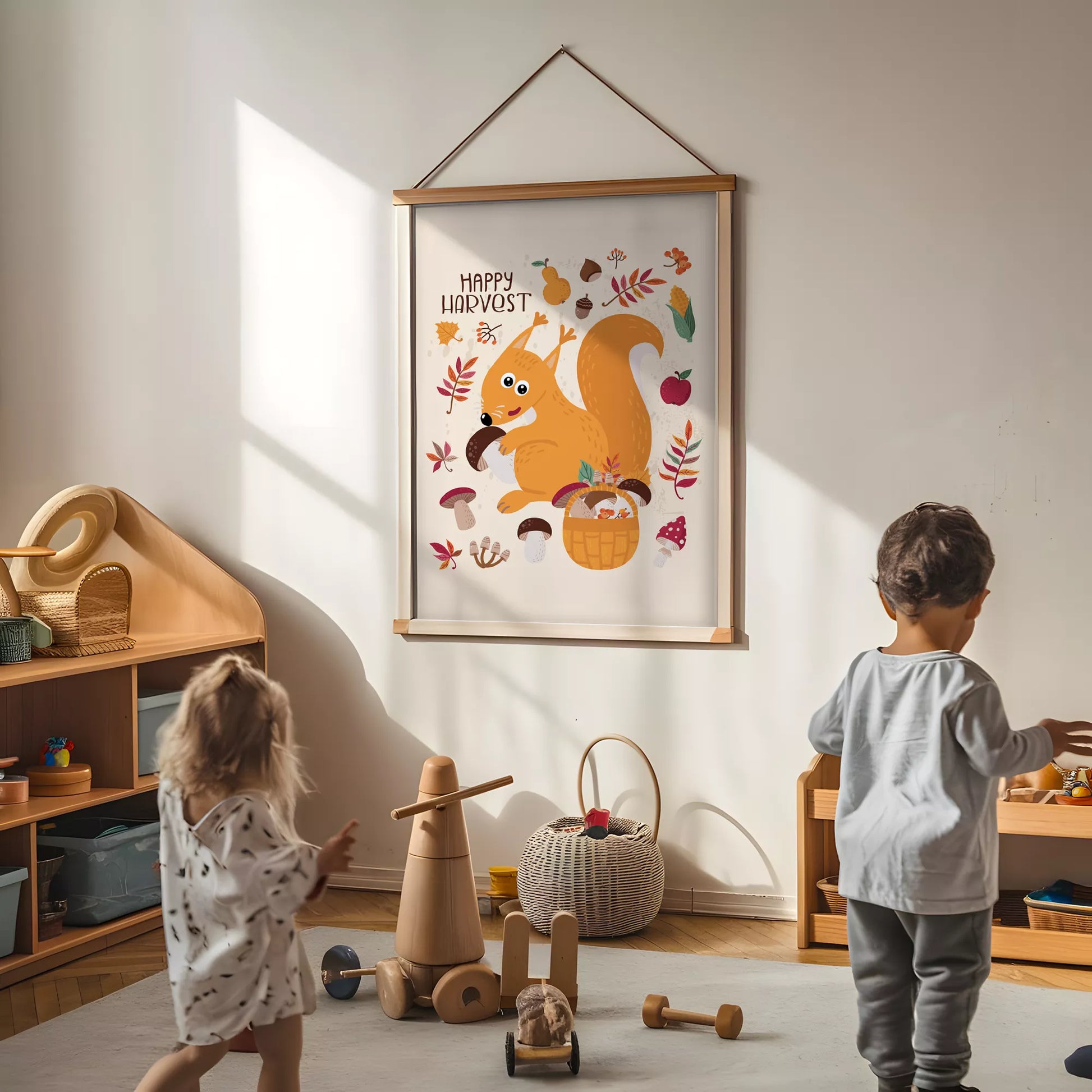 秋のりすときのこのかわいいイラスト子供部屋用北欧アートポスター