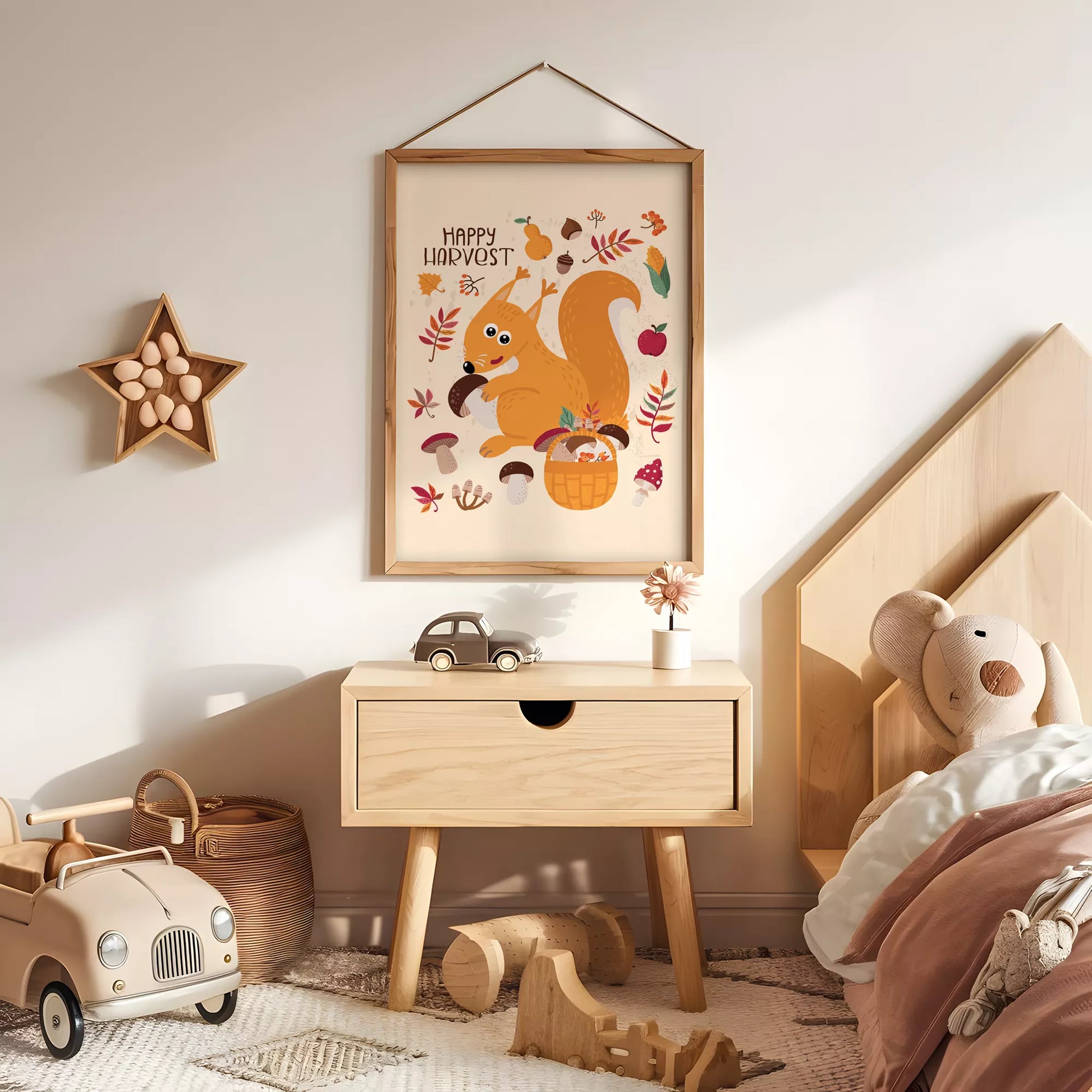 秋のりすときのこのかわいいイラスト子供部屋用北欧アートポスター