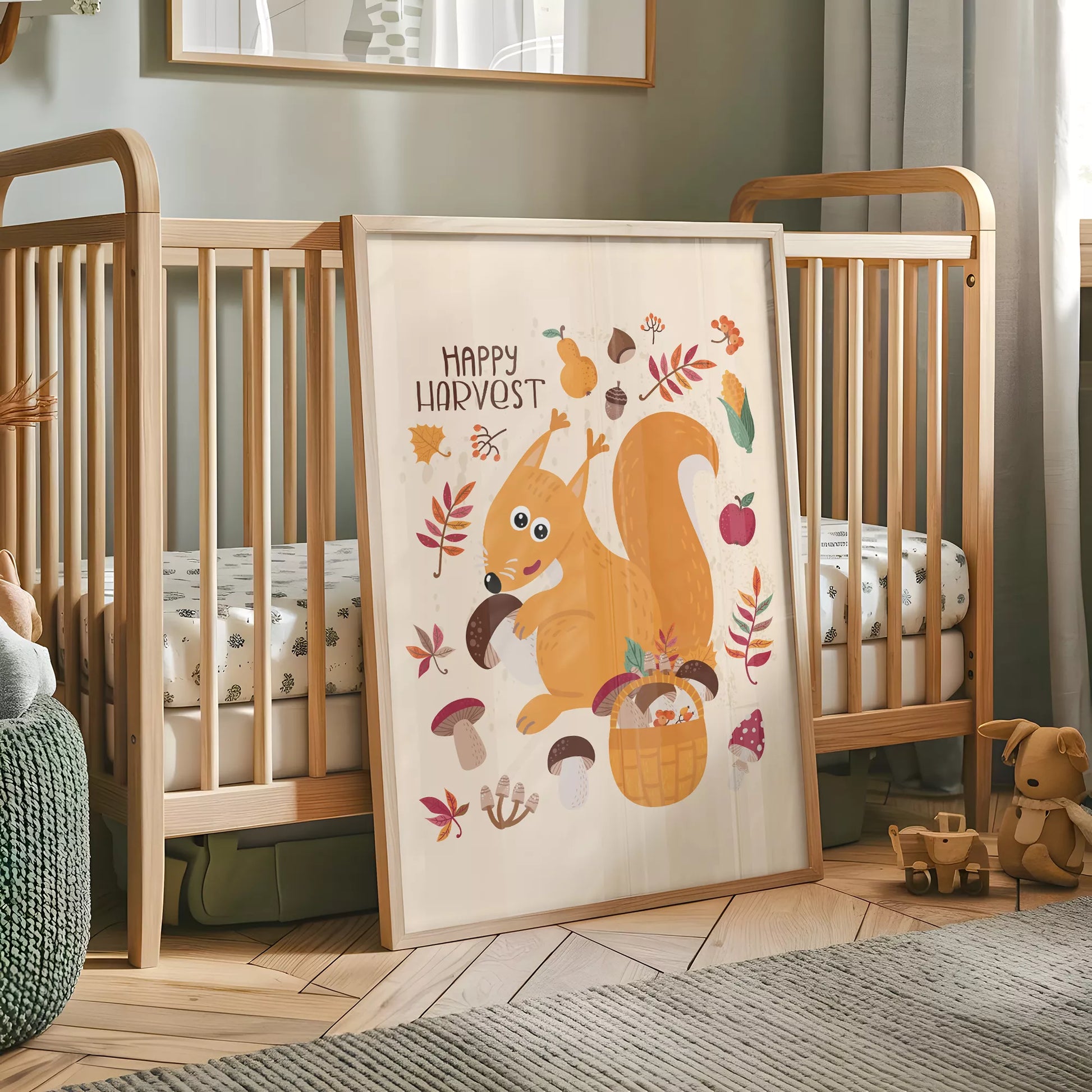 秋のりすときのこのかわいいイラスト子供部屋用北欧アートポスター