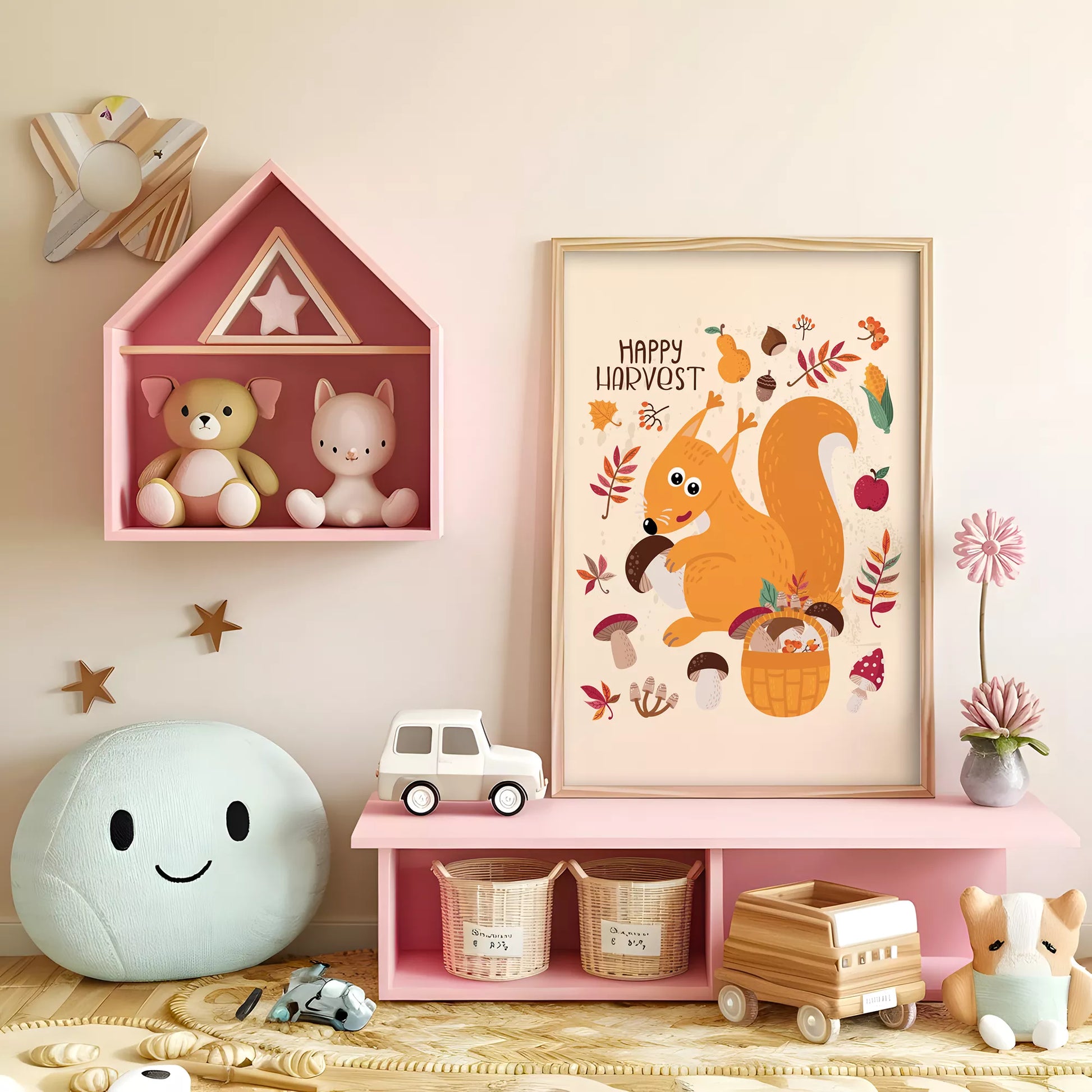 秋のりすときのこのかわいいイラスト子供部屋用北欧アートポスター