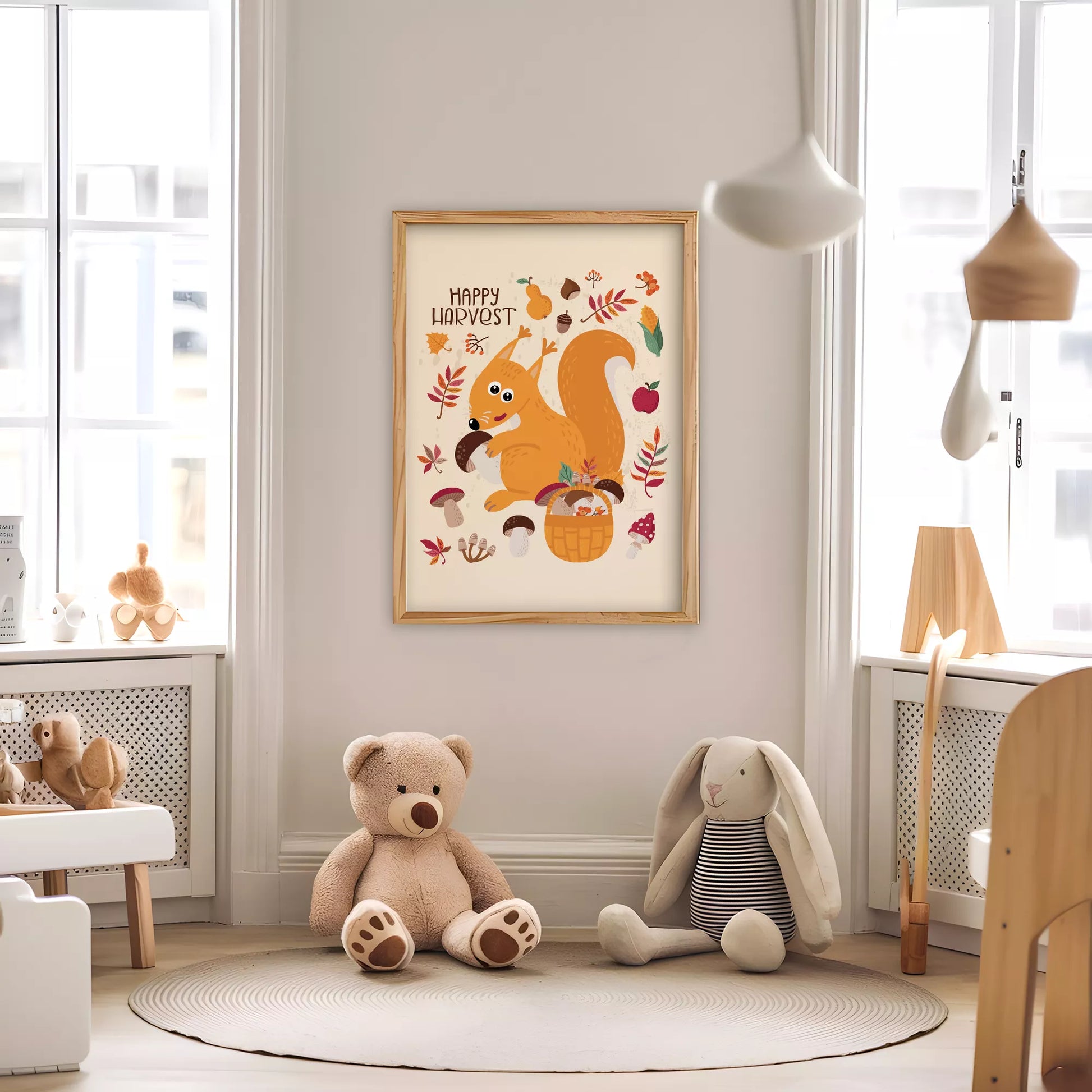 秋のりすときのこのかわいいイラスト子供部屋用北欧アートポスター