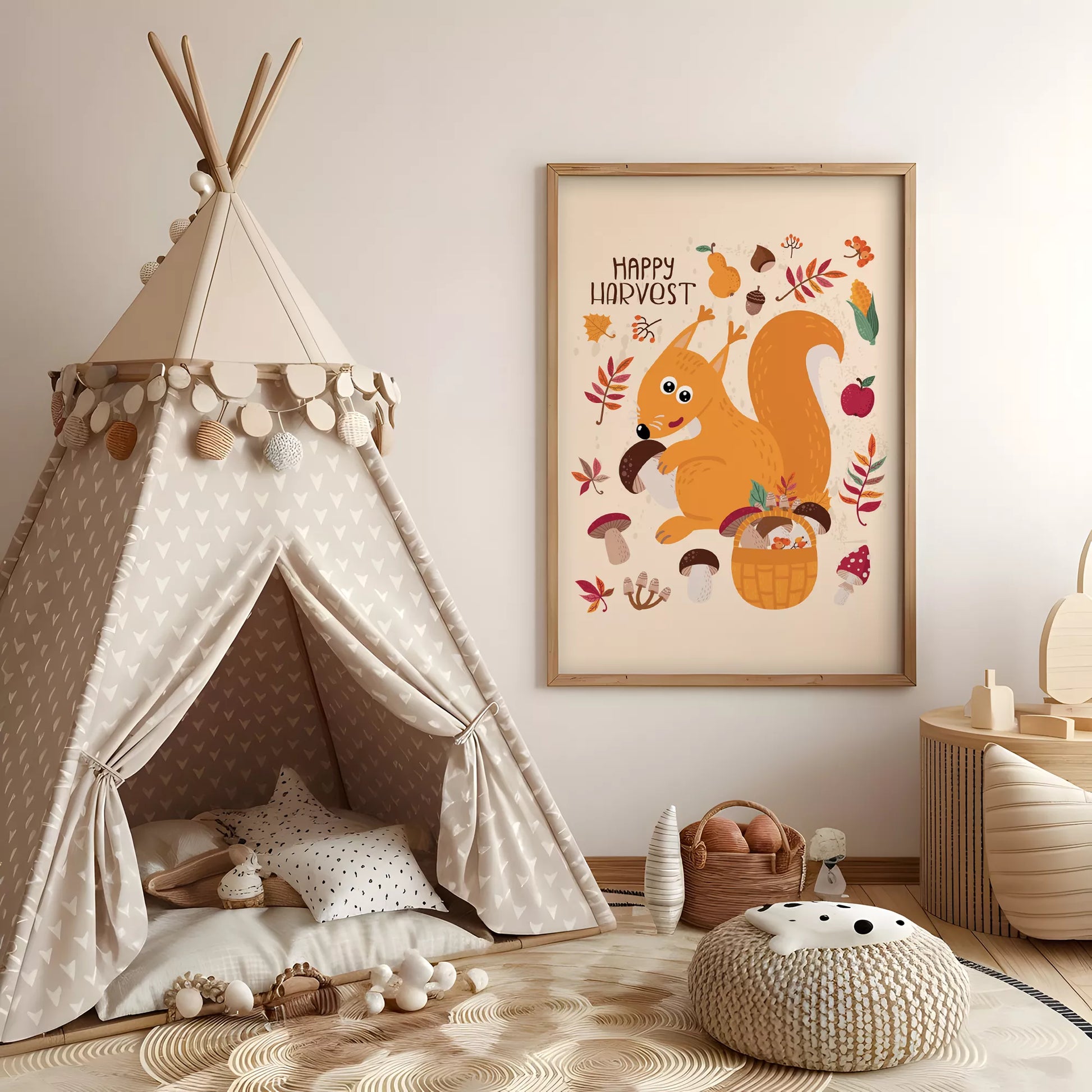 秋のりすときのこのかわいいイラスト子供部屋用北欧アートポスター