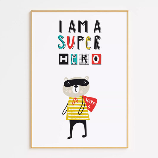 スーパーヒーロー風クマのキッズ向けポップアートポスター