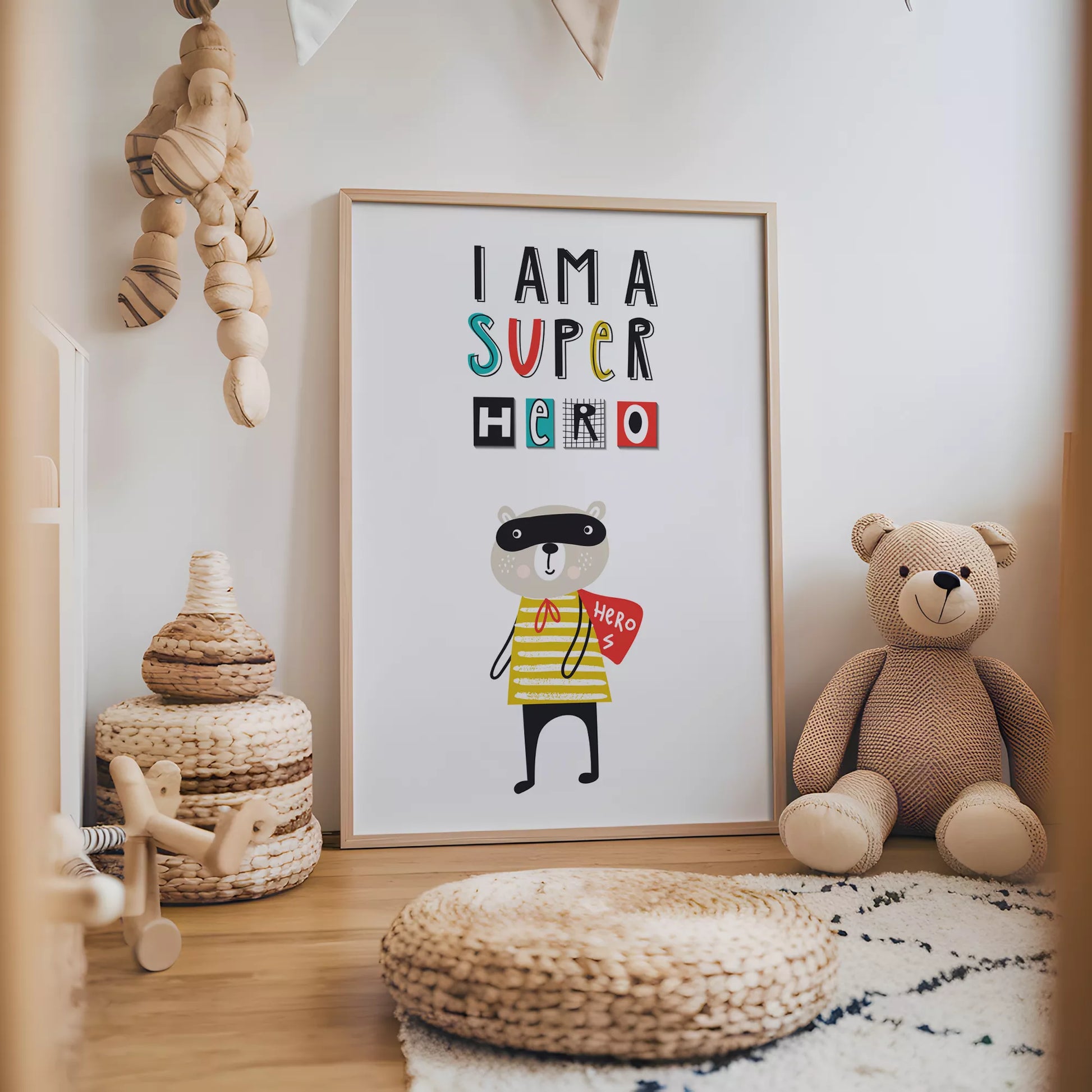 スーパーヒーロー風クマのキッズ向けポップアートポスター