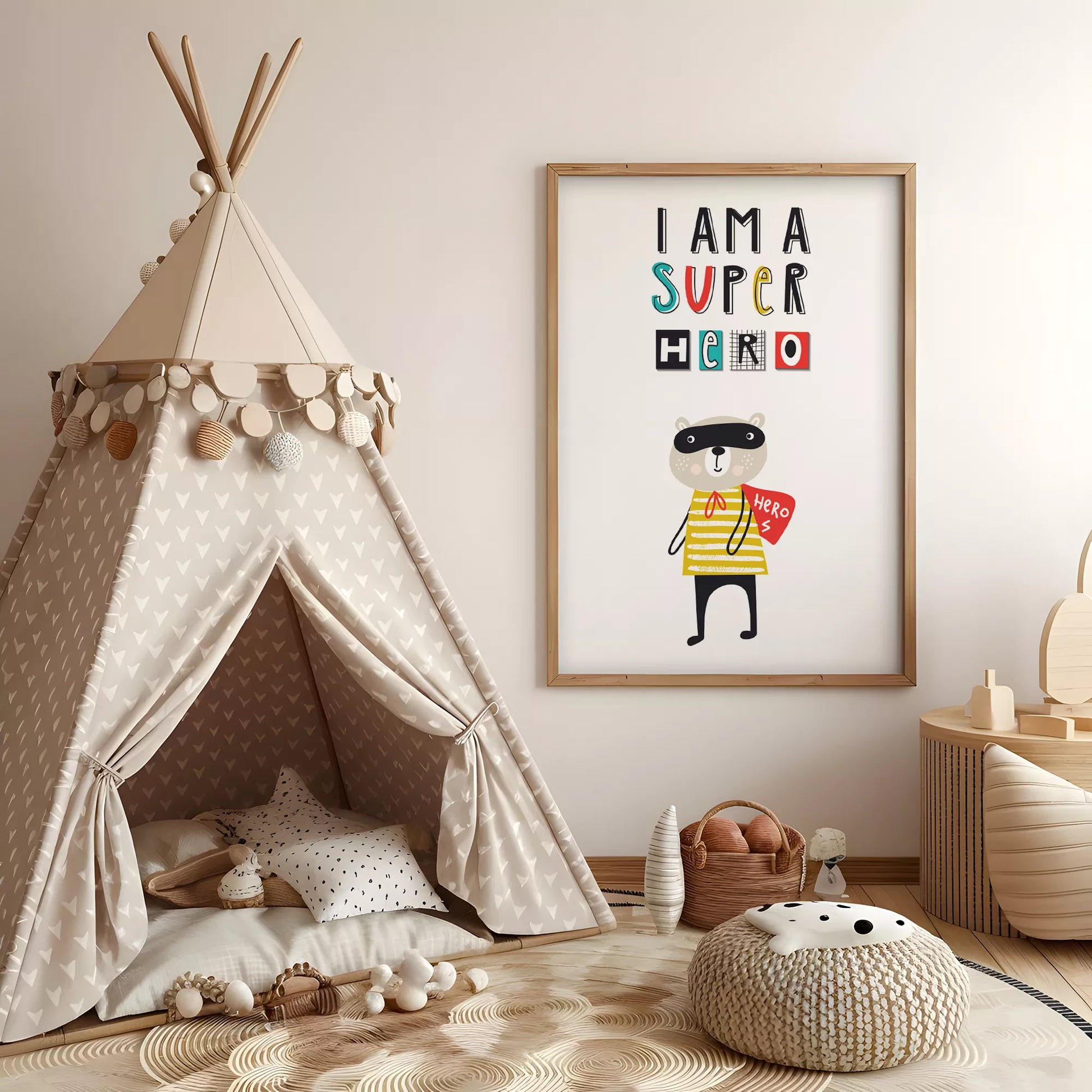 スーパーヒーロー風クマのキッズ向けポップアートポスター