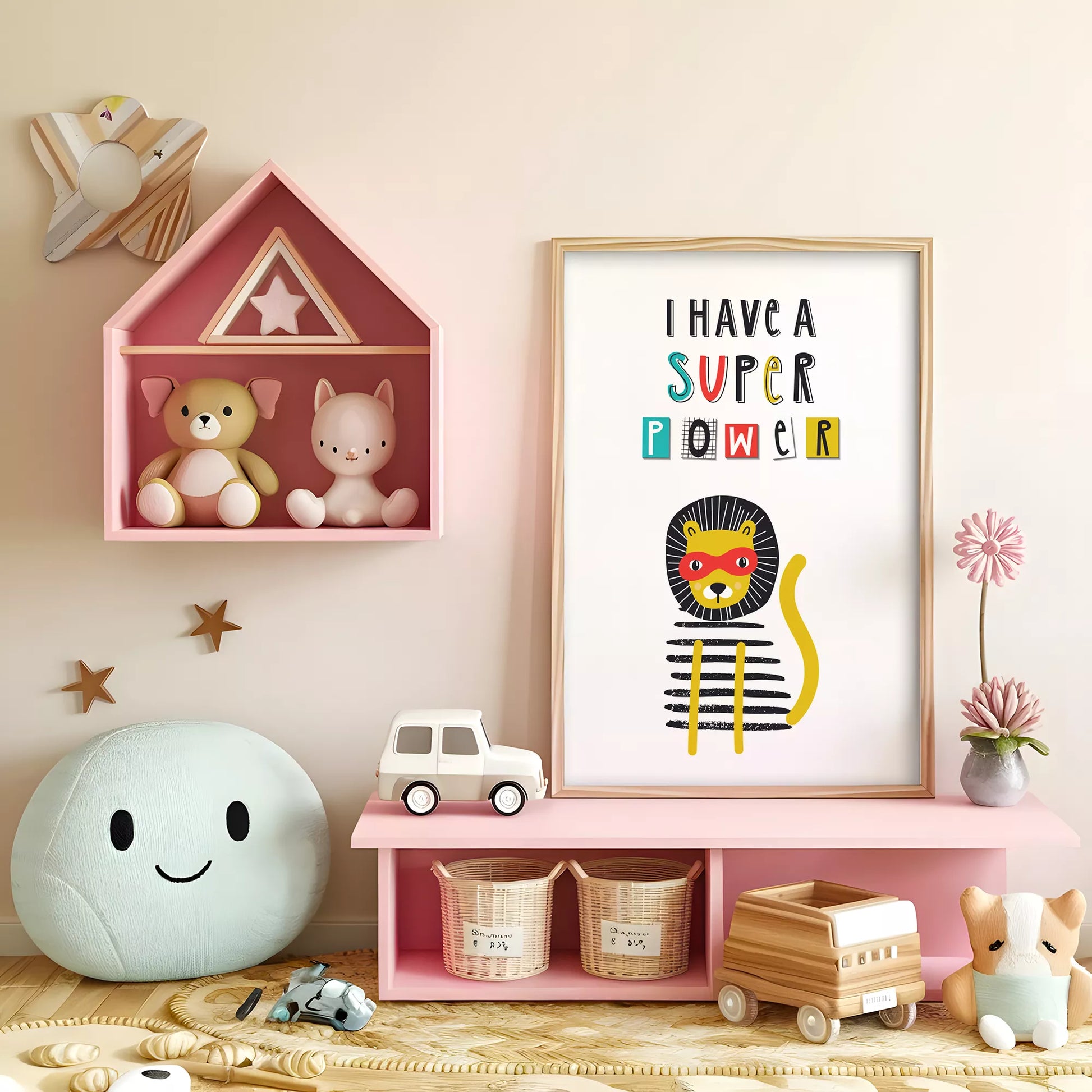 スーパーパワーライオンのキッズ向けポップアートポスター