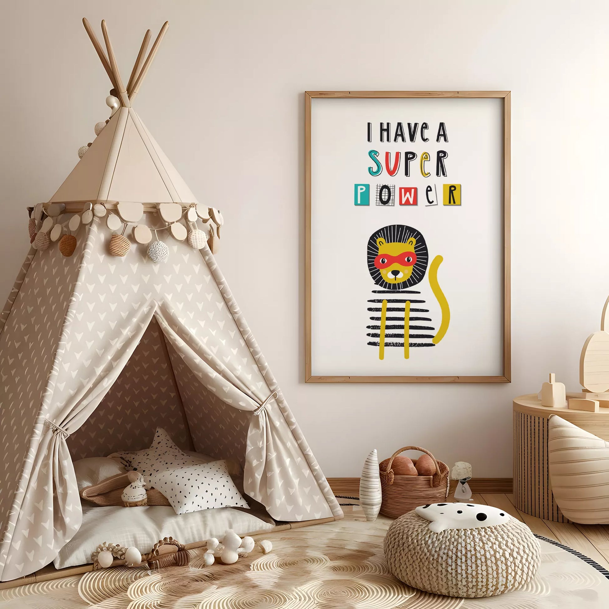 スーパーパワーライオンのキッズ向けポップアートポスター