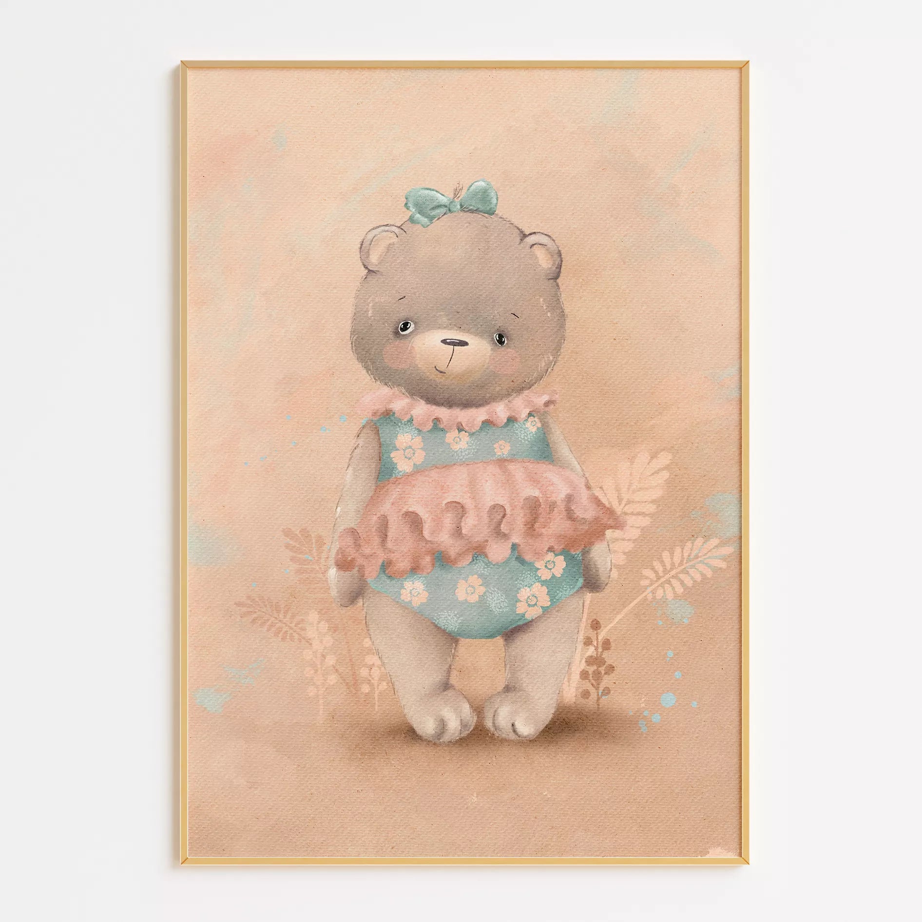 パステルカラーで描かれたテディベアのキッズアートポスター