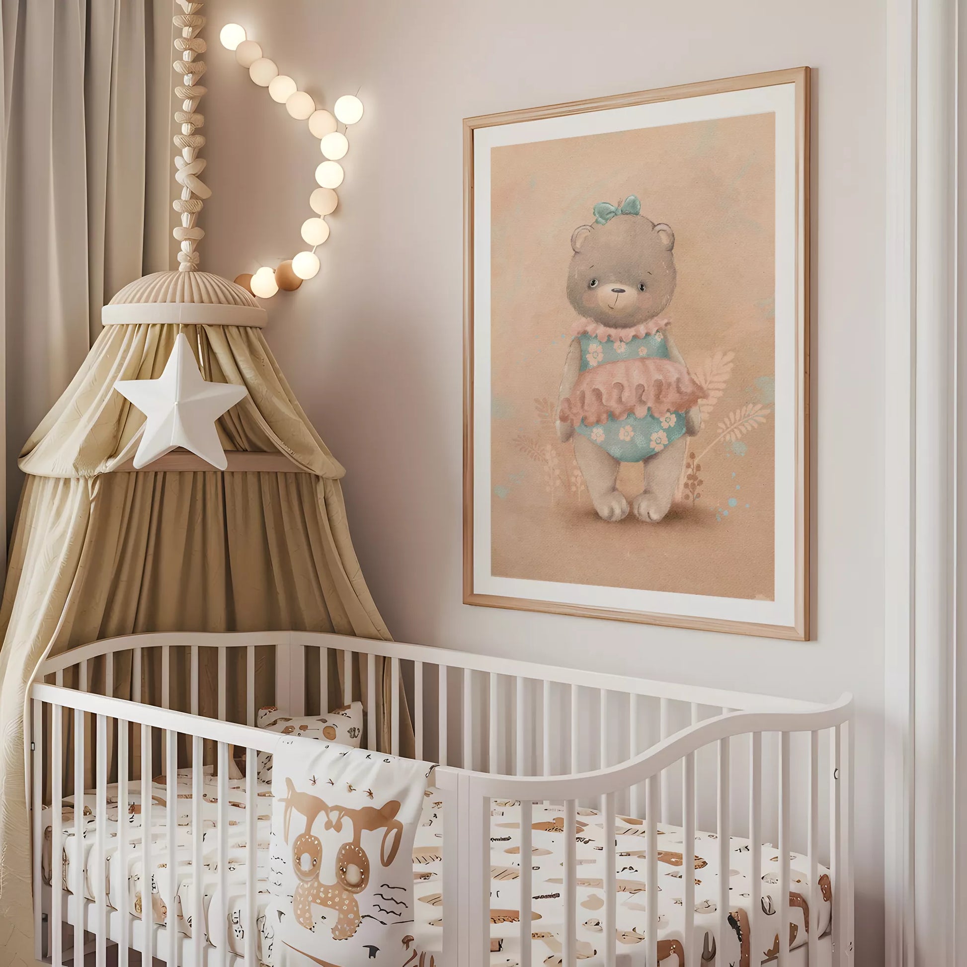 パステルカラーで描かれたテディベアのキッズアートポスター
