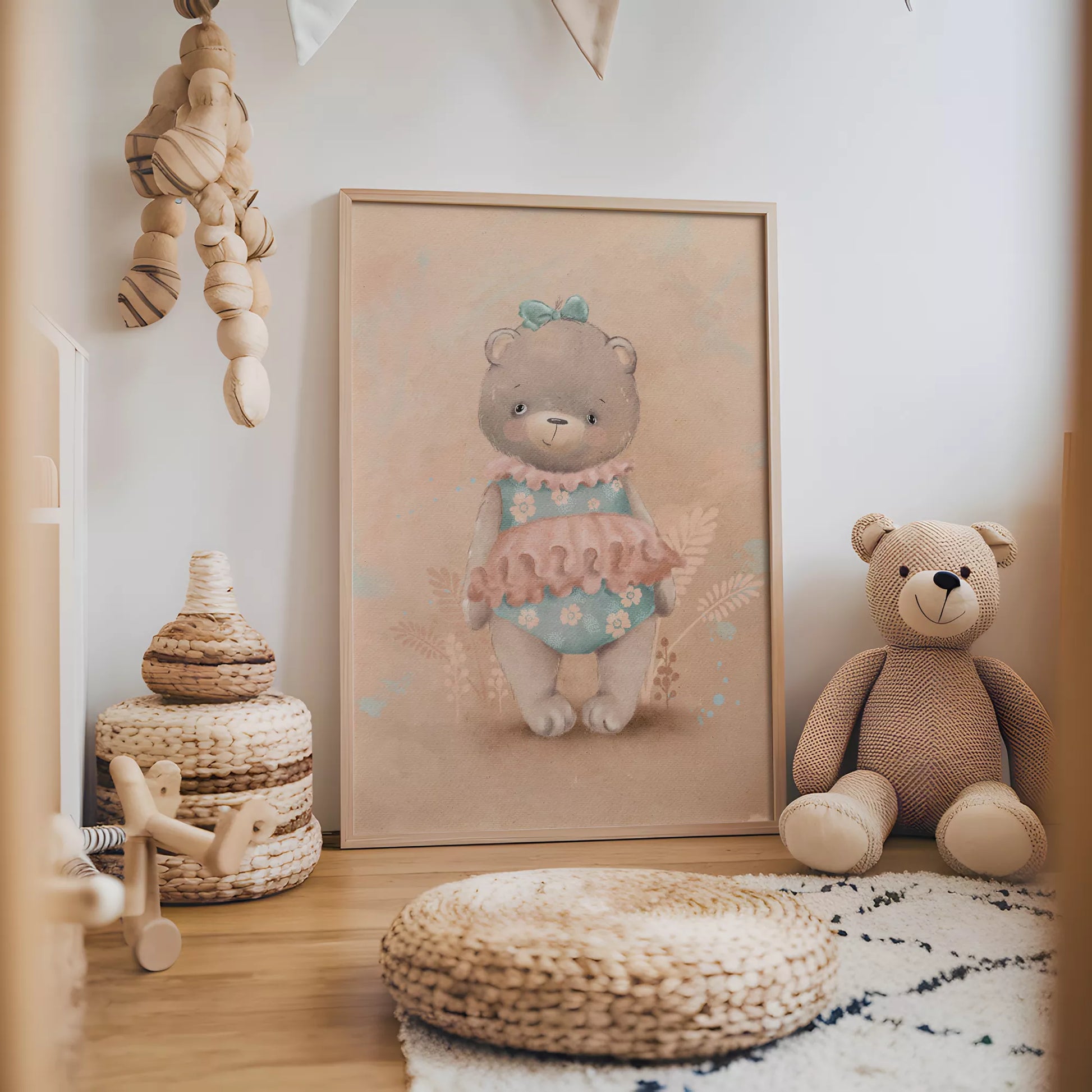 パステルカラーで描かれたテディベアのキッズアートポスター