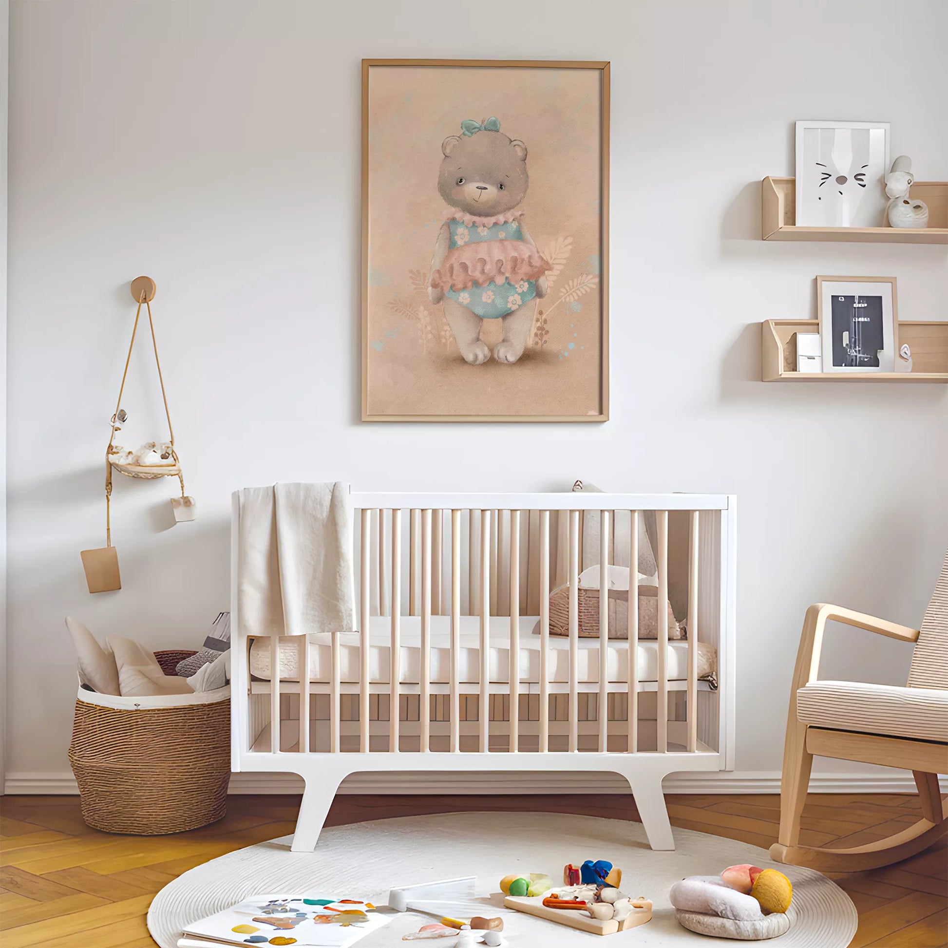 パステルカラーで描かれたテディベアのキッズアートポスター