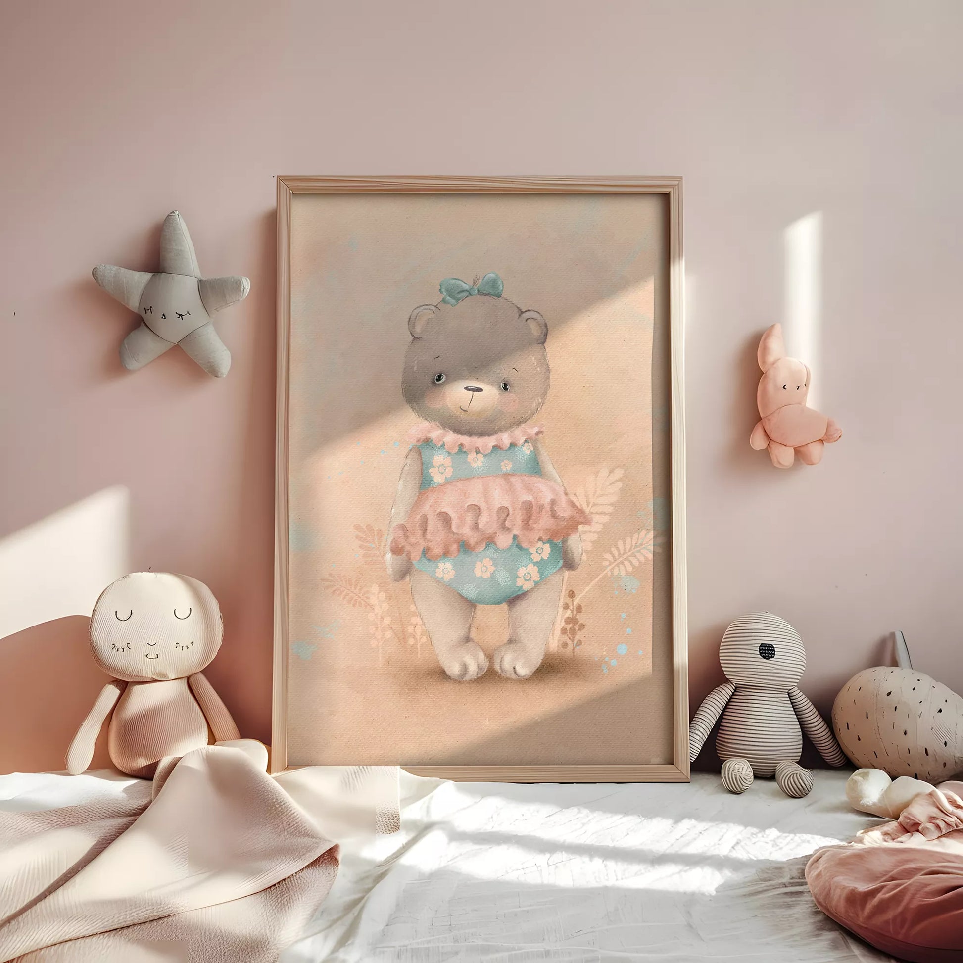 パステルカラーで描かれたテディベアのキッズアートポスター
