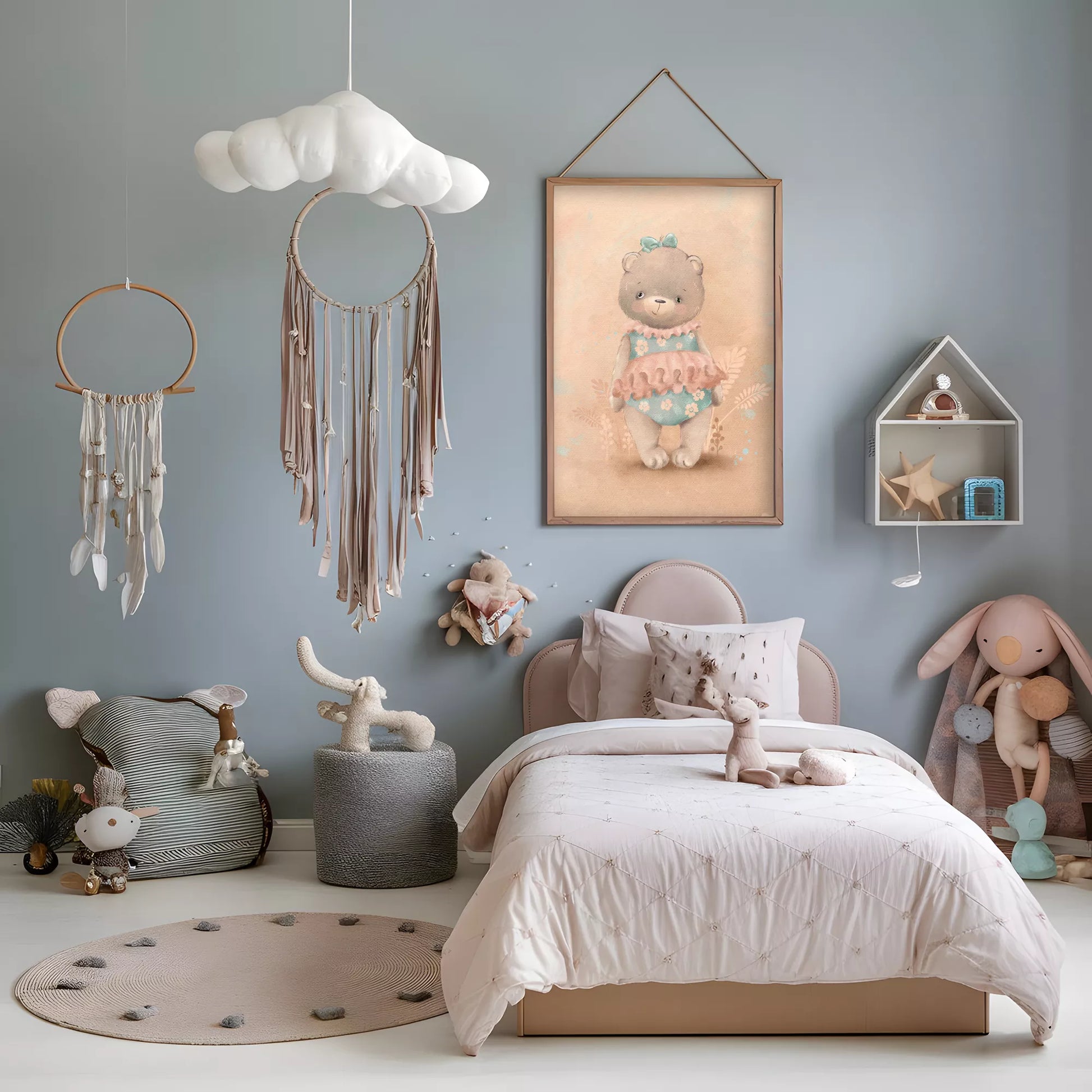 パステルカラーで描かれたテディベアのキッズアートポスター