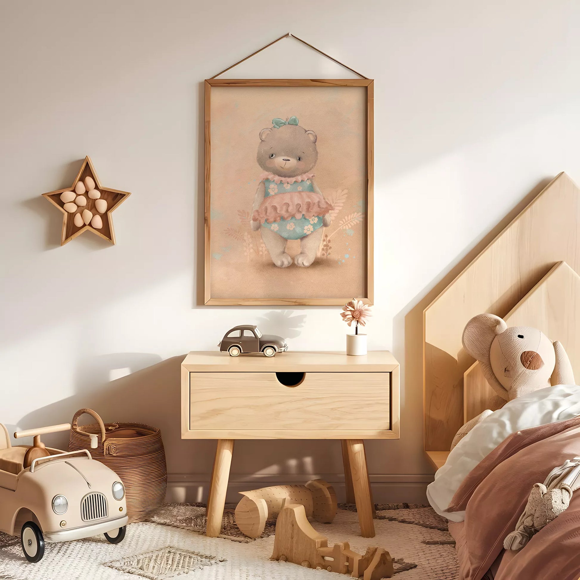 パステルカラーで描かれたテディベアのキッズアートポスター