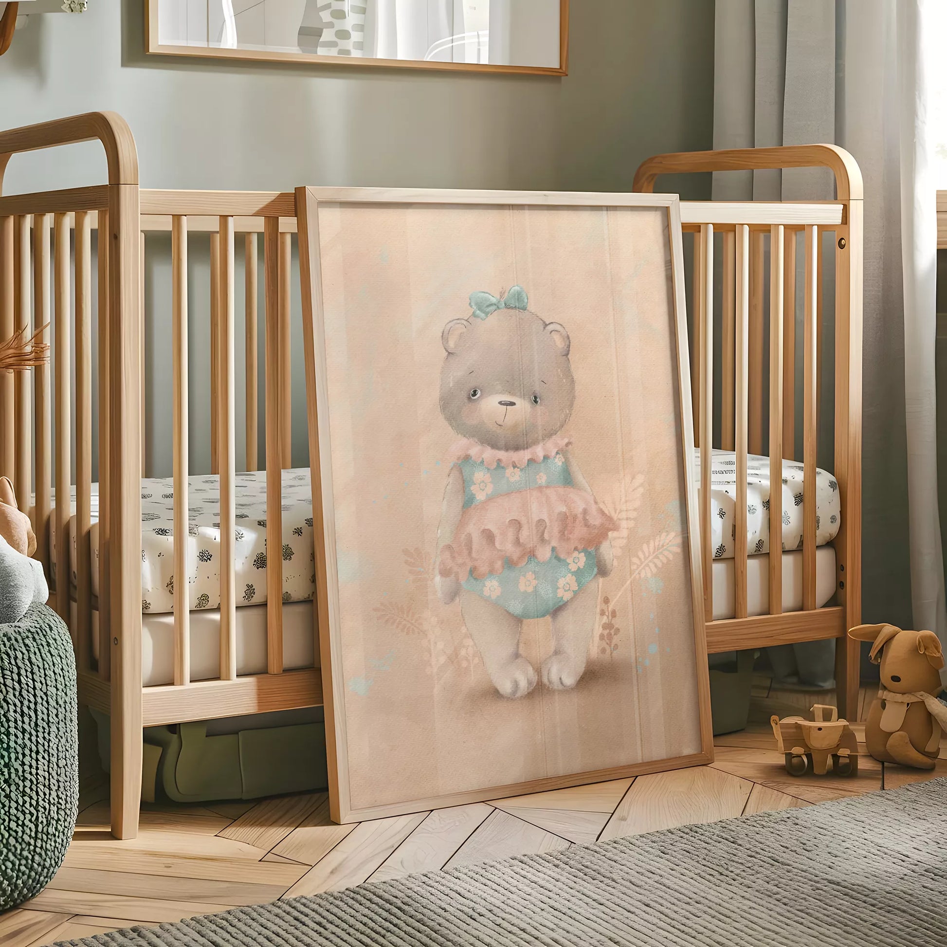 パステルカラーで描かれたテディベアのキッズアートポスター