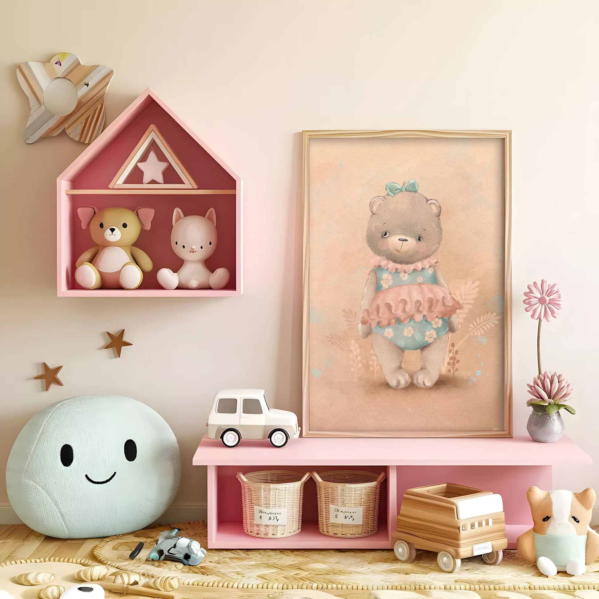 パステルカラーで描かれたテディベアのキッズアートポスター