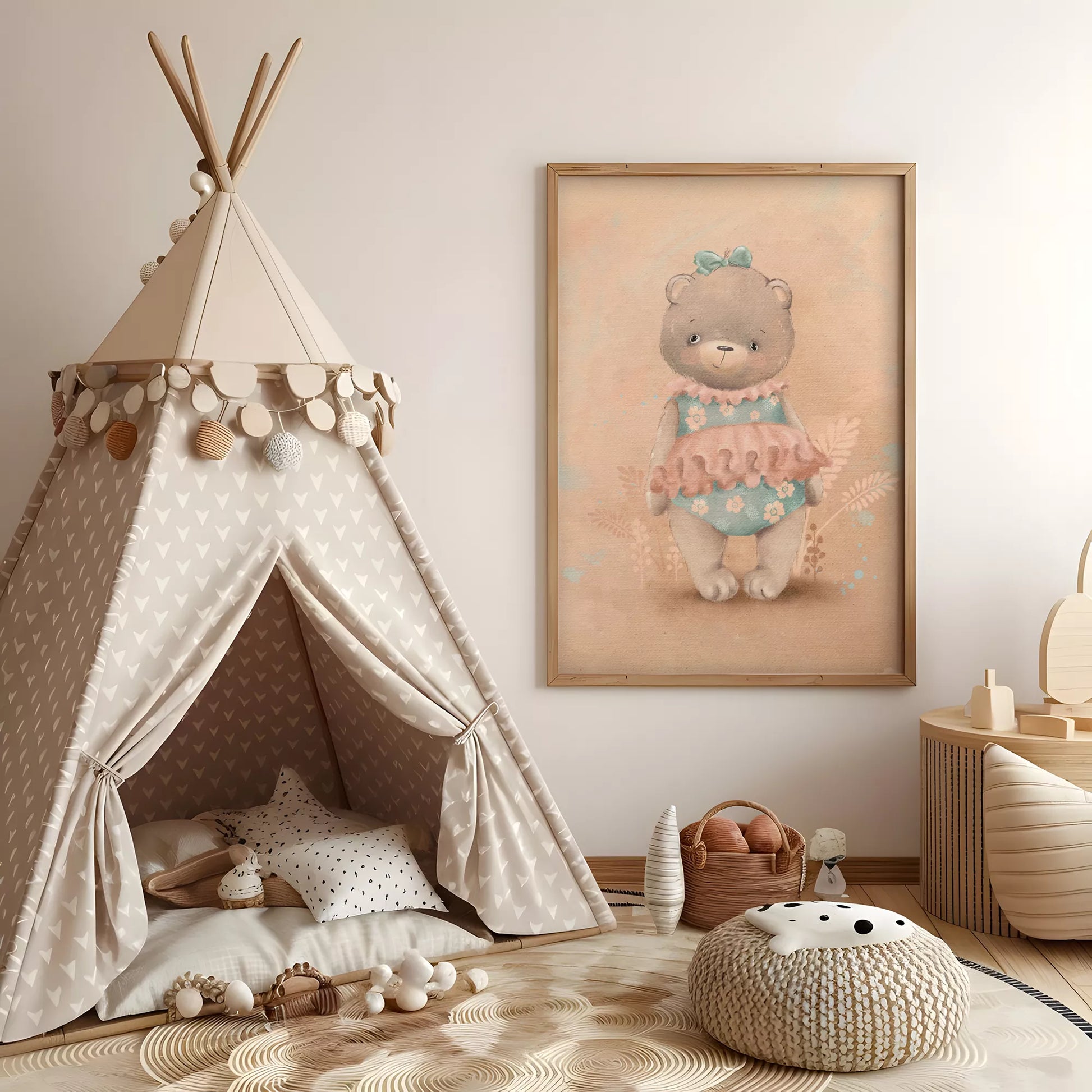 パステルカラーで描かれたテディベアのキッズアートポスター