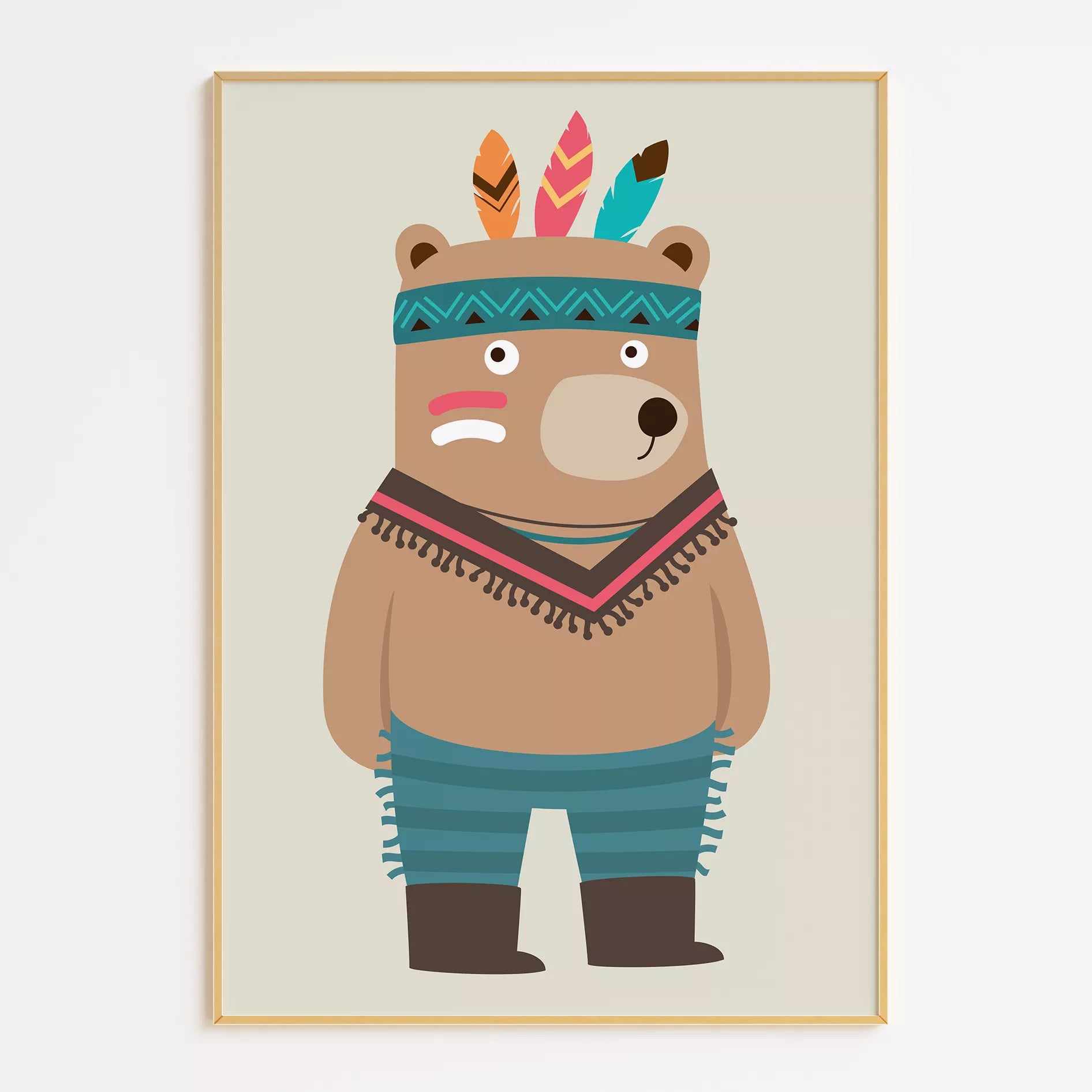 トライバルデザインのかわいいクマのアートポスター、子供部屋インテリア