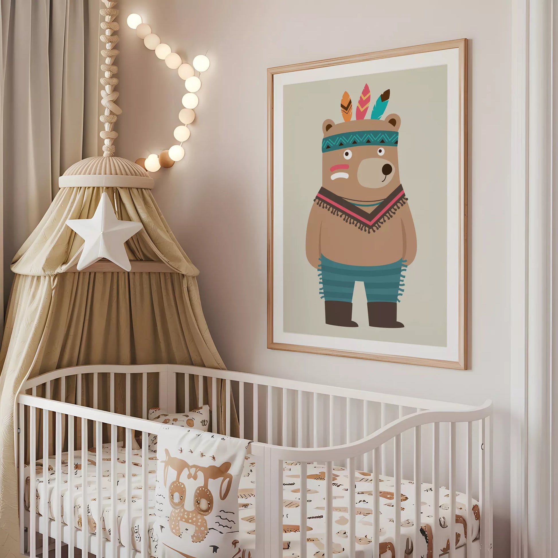 トライバルデザインのかわいいクマのアートポスター、子供部屋インテリア