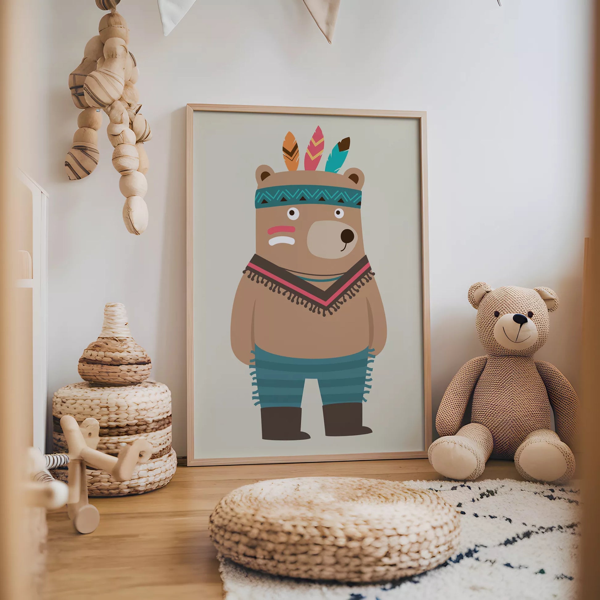トライバルデザインのかわいいクマのアートポスター、子供部屋インテリア