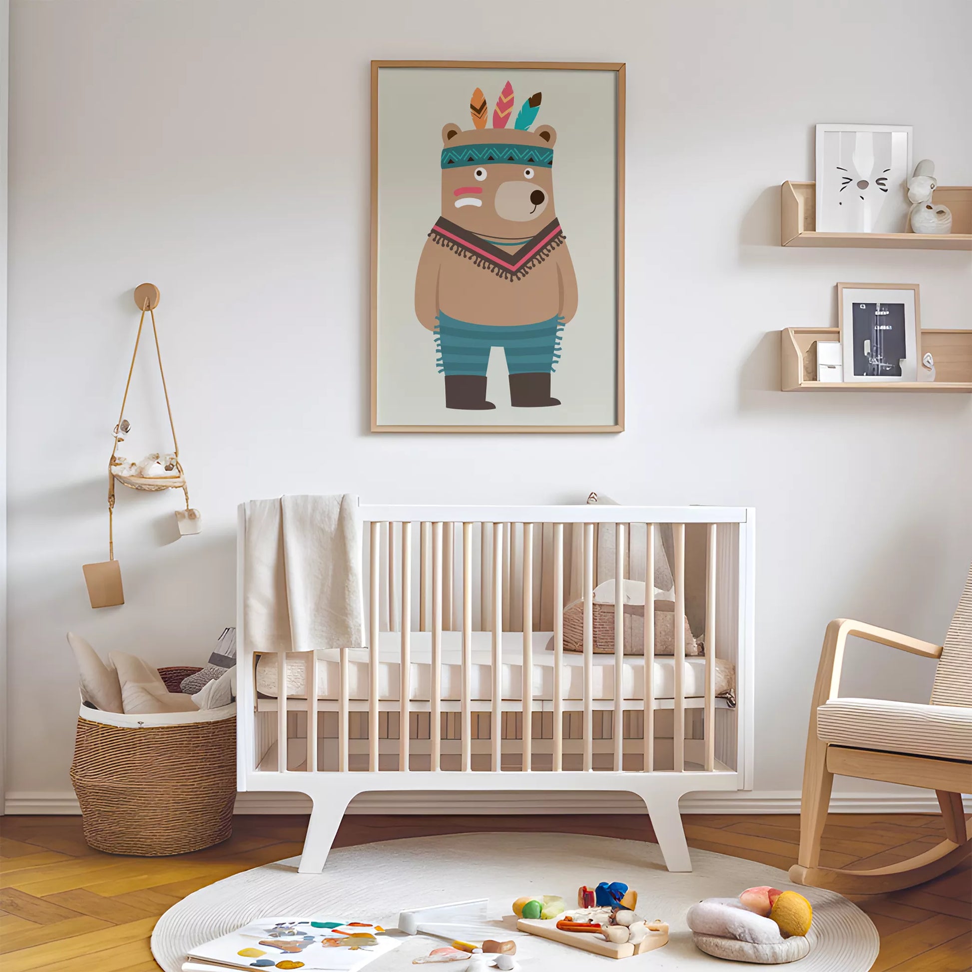 トライバルデザインのかわいいクマのアートポスター、子供部屋インテリア