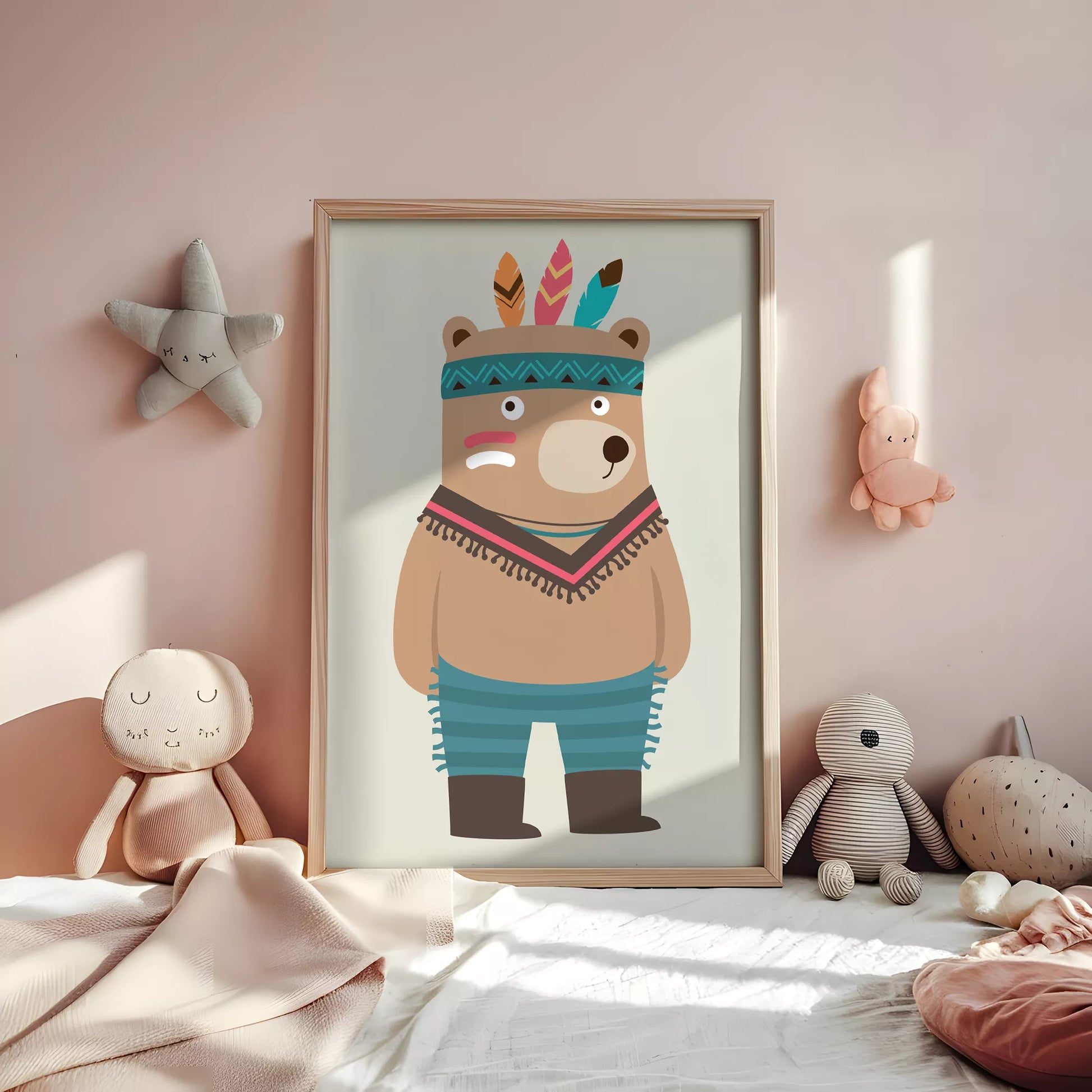 トライバルデザインのかわいいクマのアートポスター、子供部屋インテリア