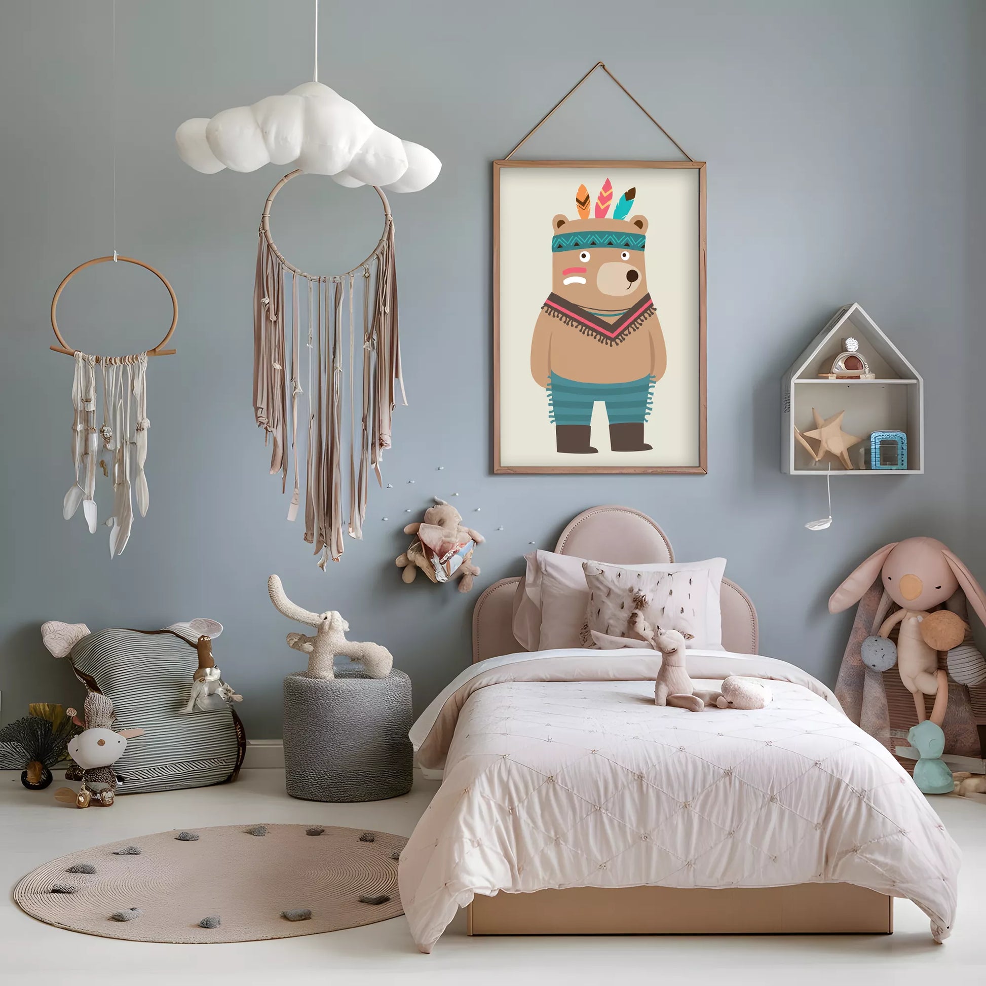 トライバルデザインのかわいいクマのアートポスター、子供部屋インテリア