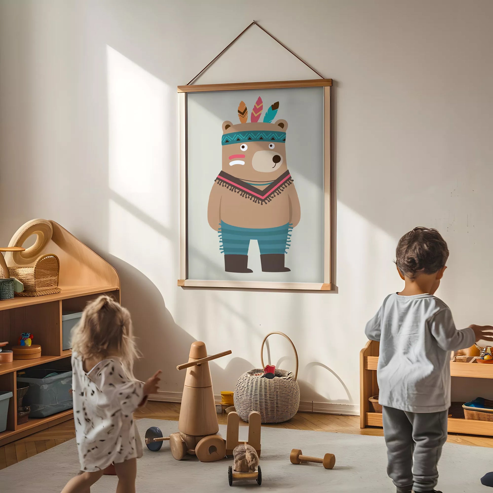 トライバルデザインのかわいいクマのアートポスター、子供部屋インテリア