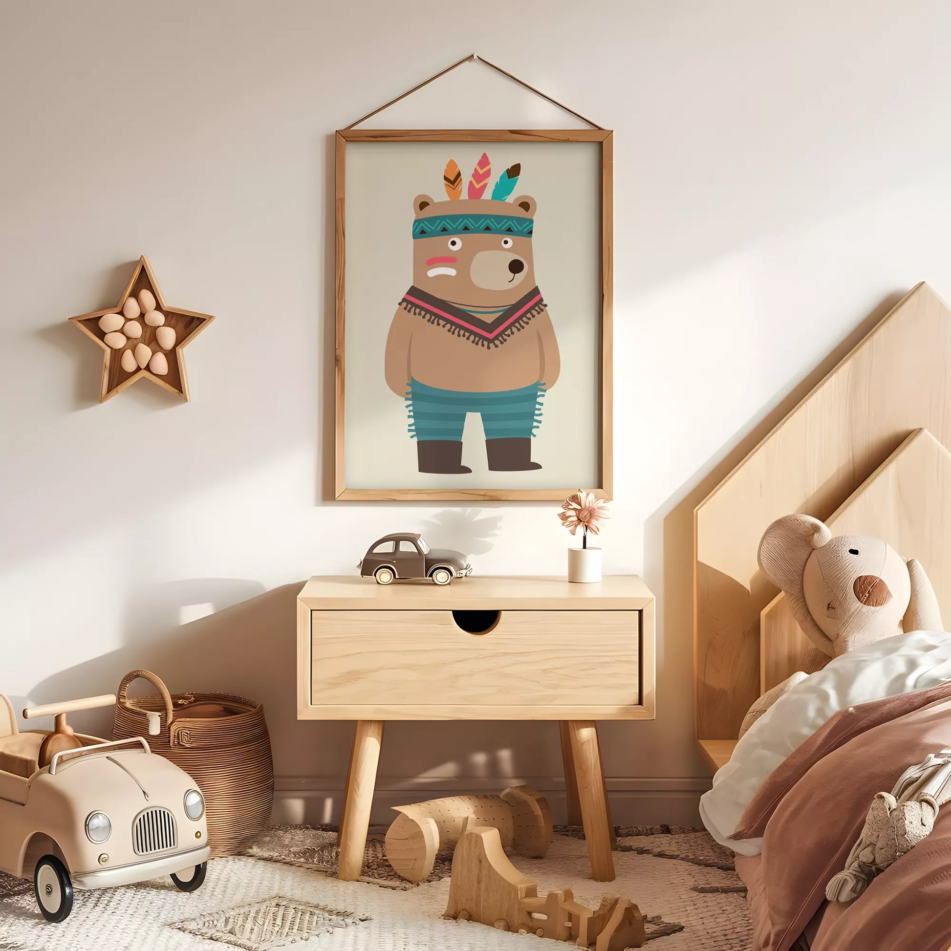 トライバルデザインのかわいいクマのアートポスター、子供部屋インテリア