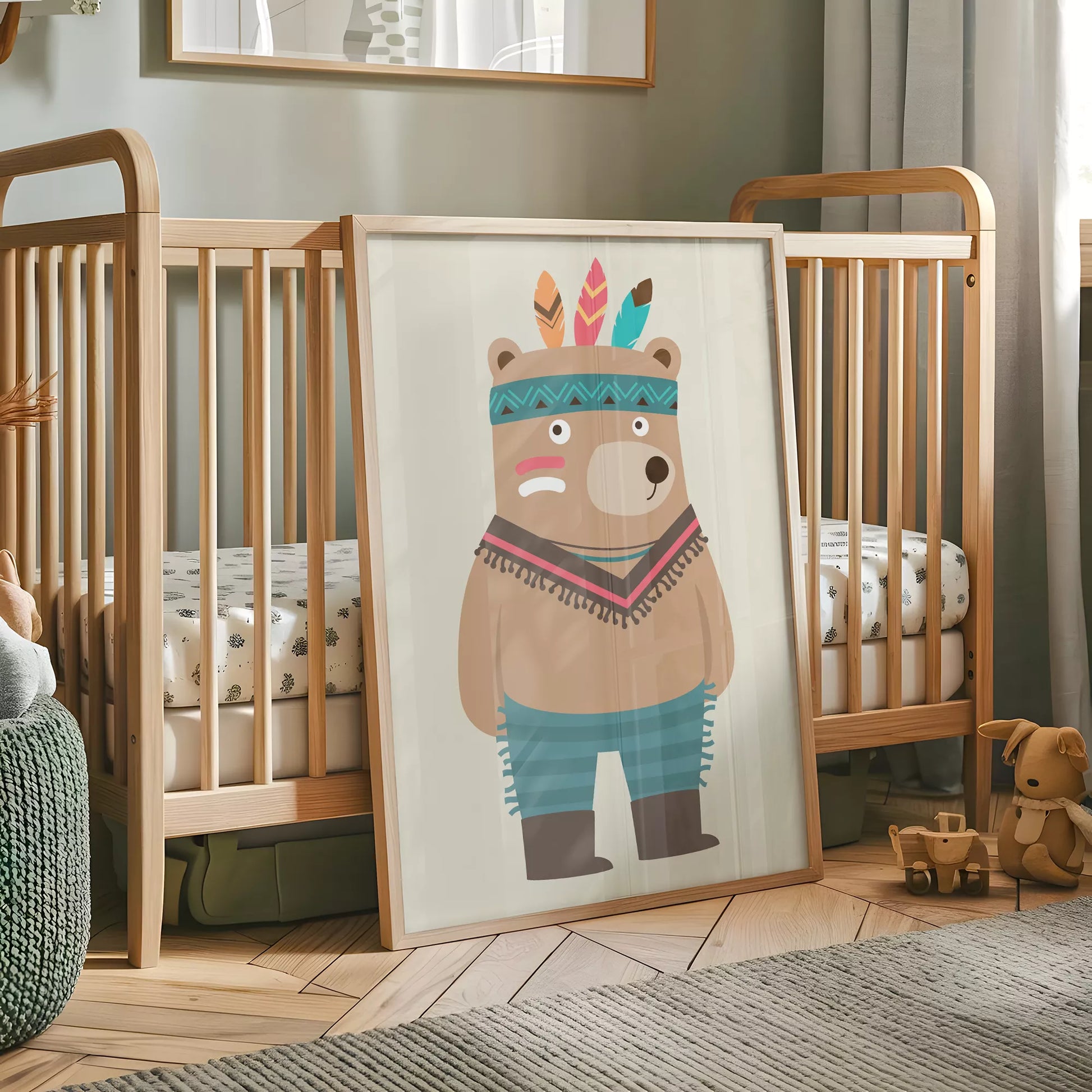 トライバルデザインのかわいいクマのアートポスター、子供部屋インテリア