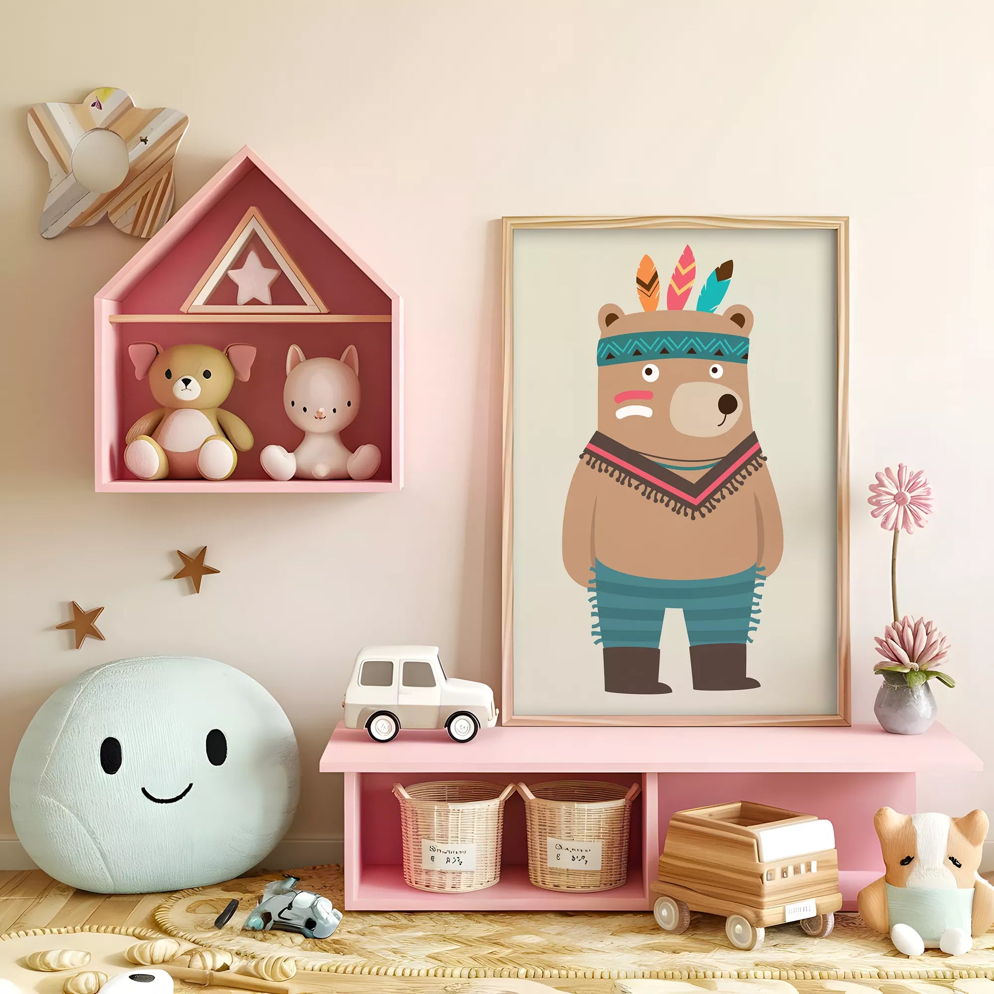 トライバルデザインのかわいいクマのアートポスター、子供部屋インテリア