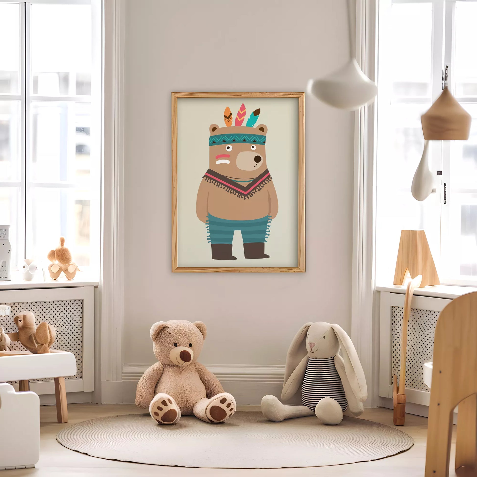トライバルデザインのかわいいクマのアートポスター、子供部屋インテリア