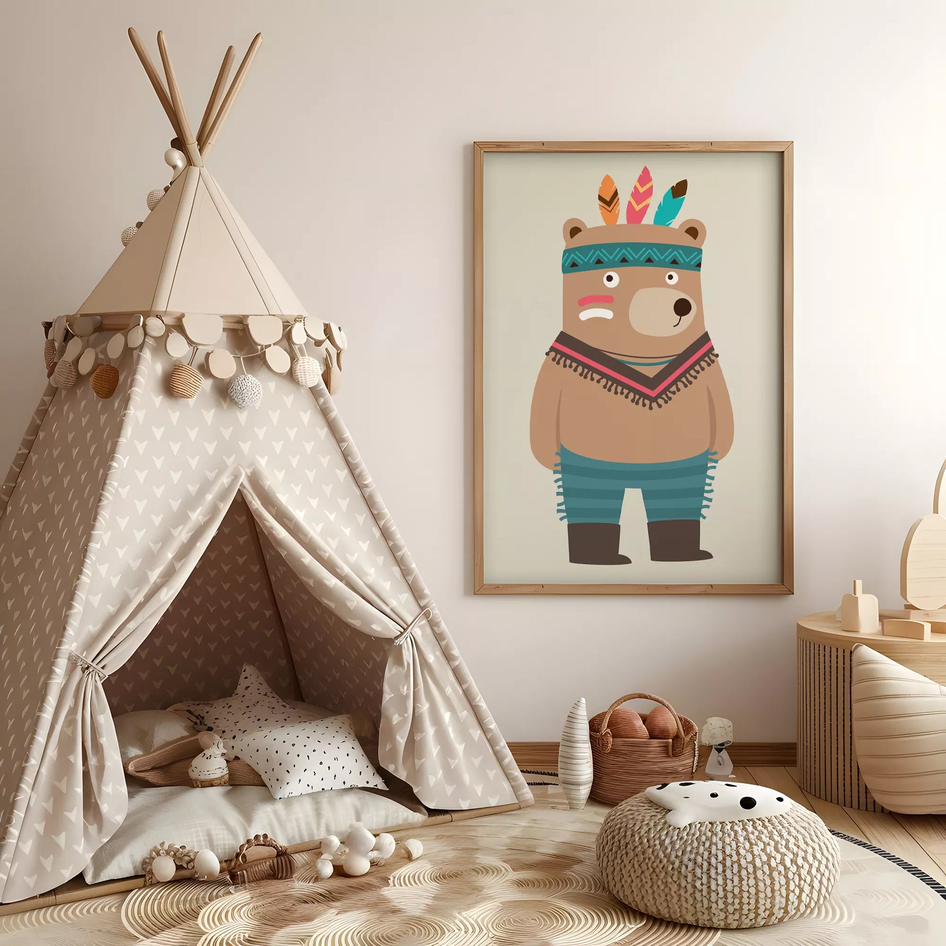 トライバルデザインのかわいいクマのアートポスター、子供部屋インテリア