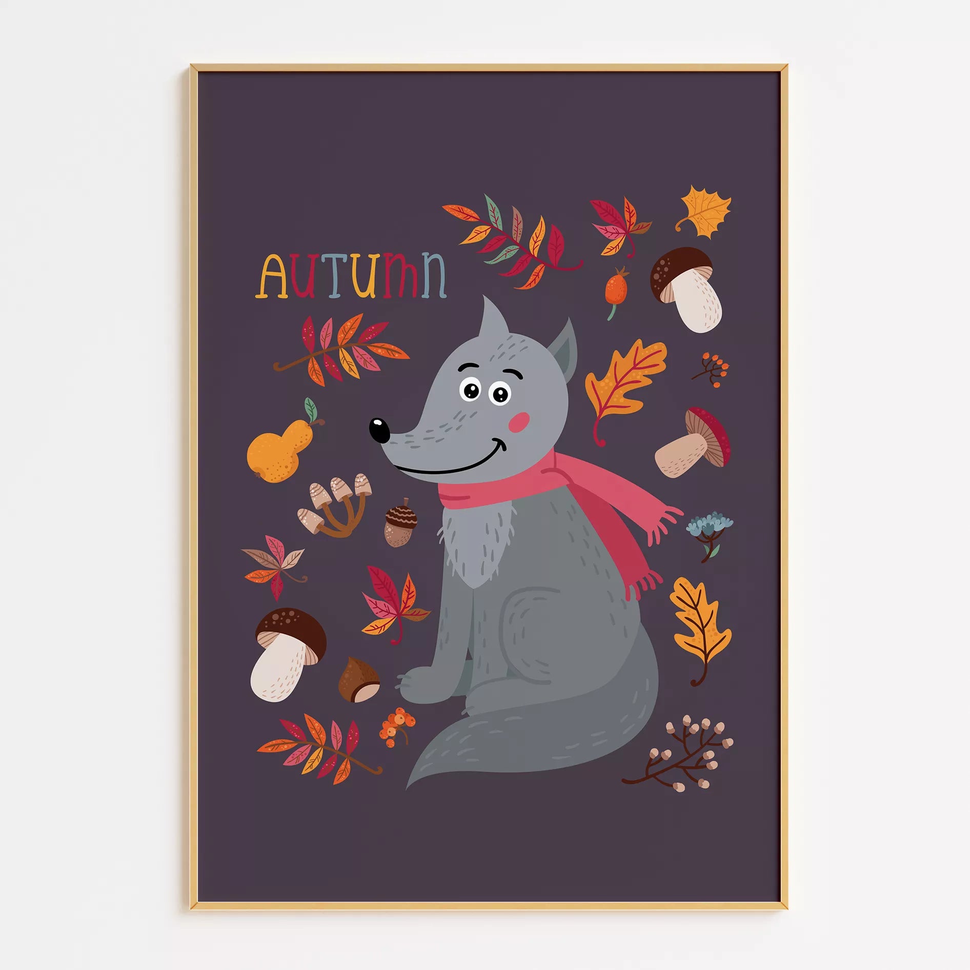 秋のオオカミと落ち葉のかわいいイラスト子供部屋用北欧アートポスター