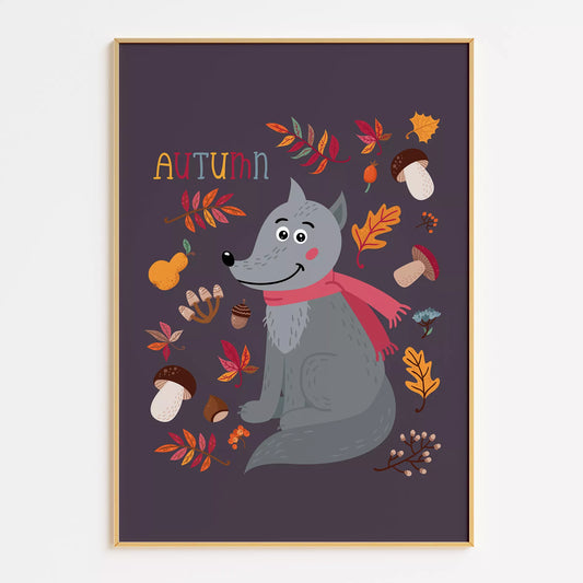 秋のオオカミと落ち葉のかわいいイラスト子供部屋用北欧アートポスター