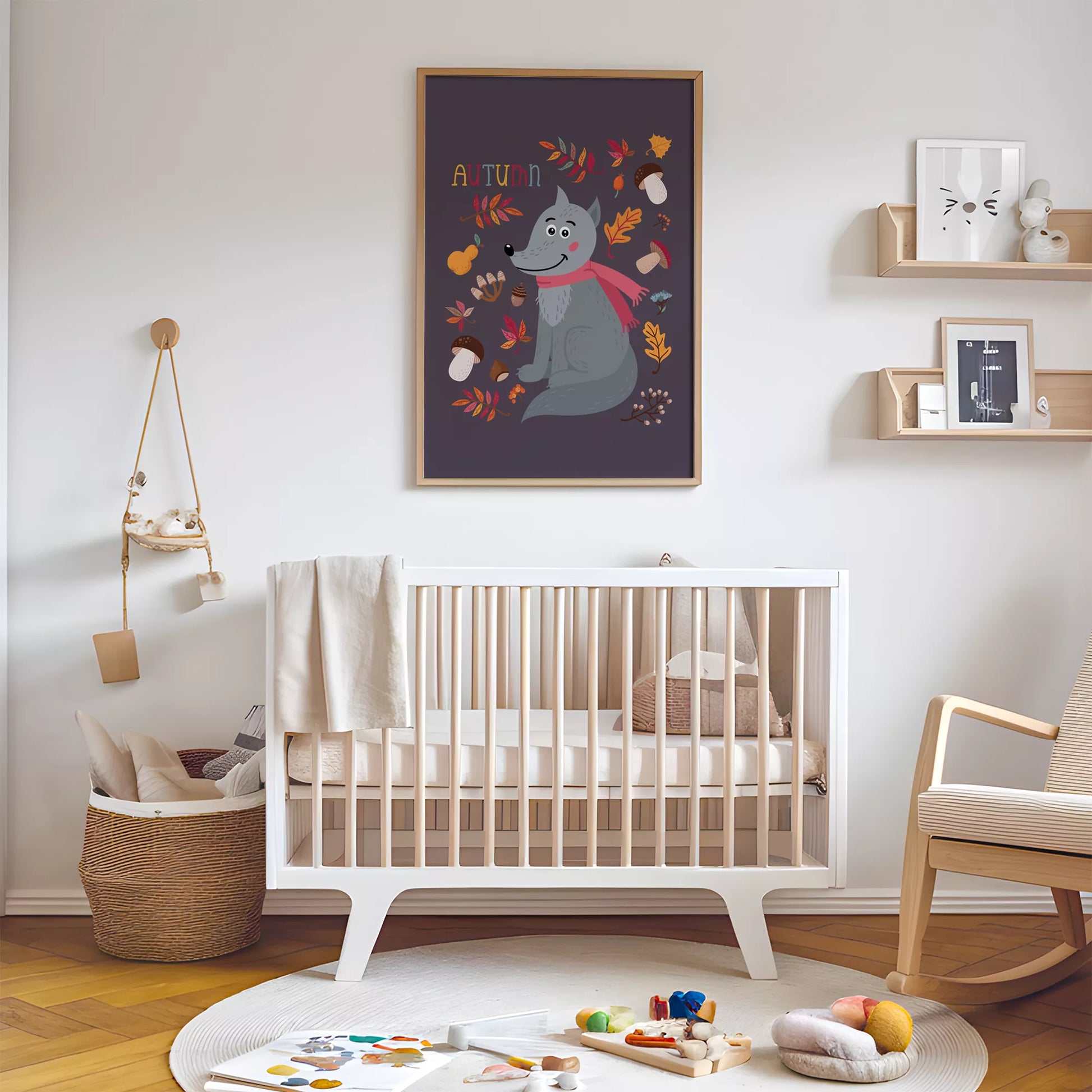 秋のオオカミと落ち葉のかわいいイラスト子供部屋用北欧アートポスター