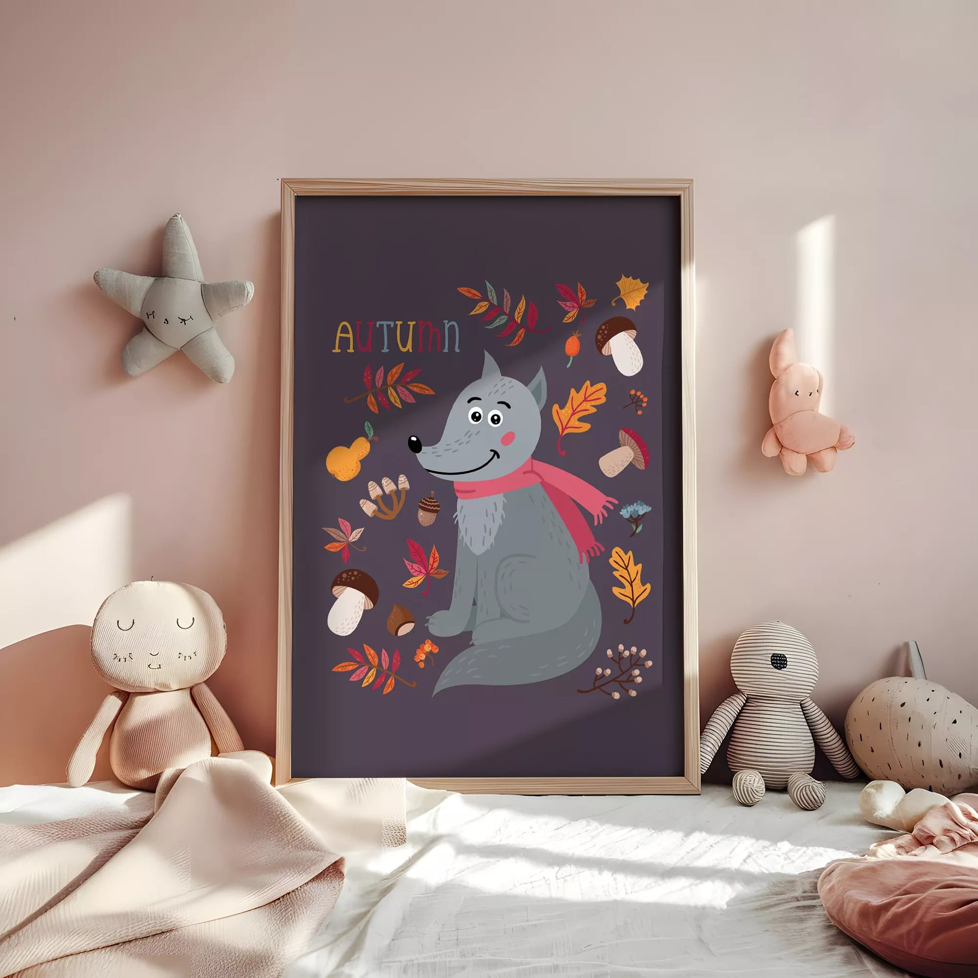 秋のオオカミと落ち葉のかわいいイラスト子供部屋用北欧アートポスター