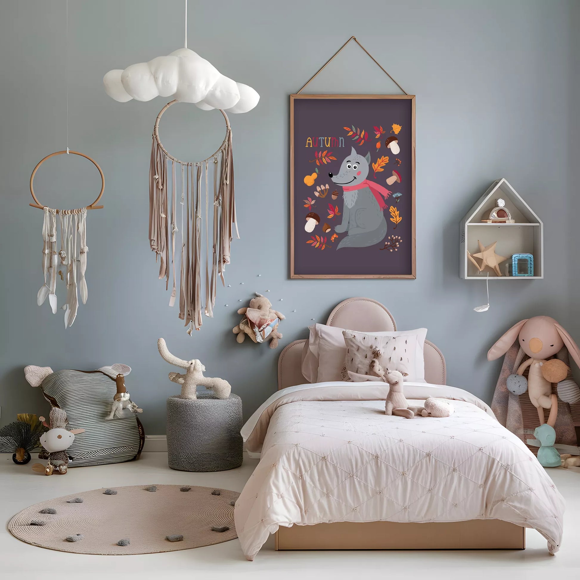 秋のオオカミと落ち葉のかわいいイラスト子供部屋用北欧アートポスター