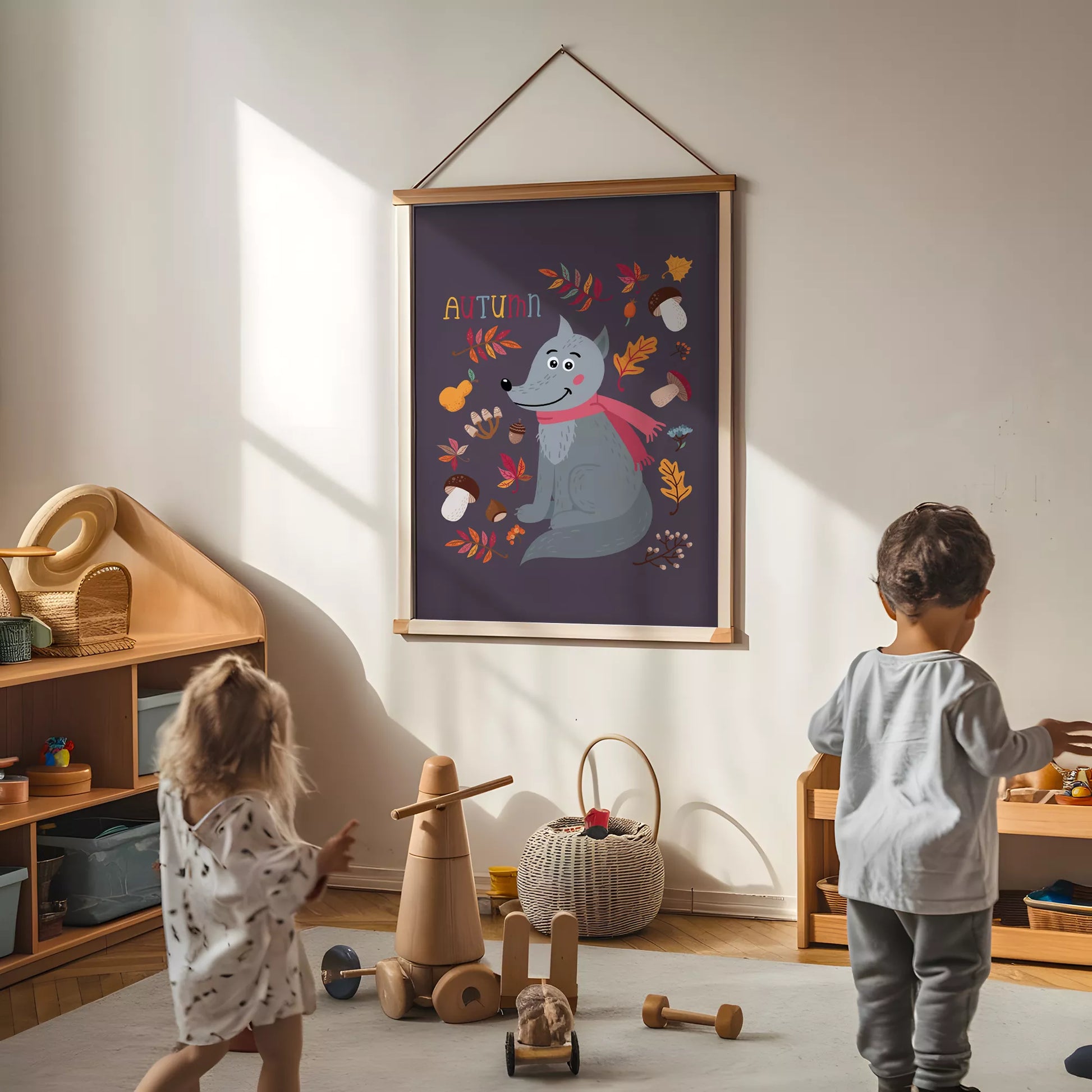 秋のオオカミと落ち葉のかわいいイラスト子供部屋用北欧アートポスター