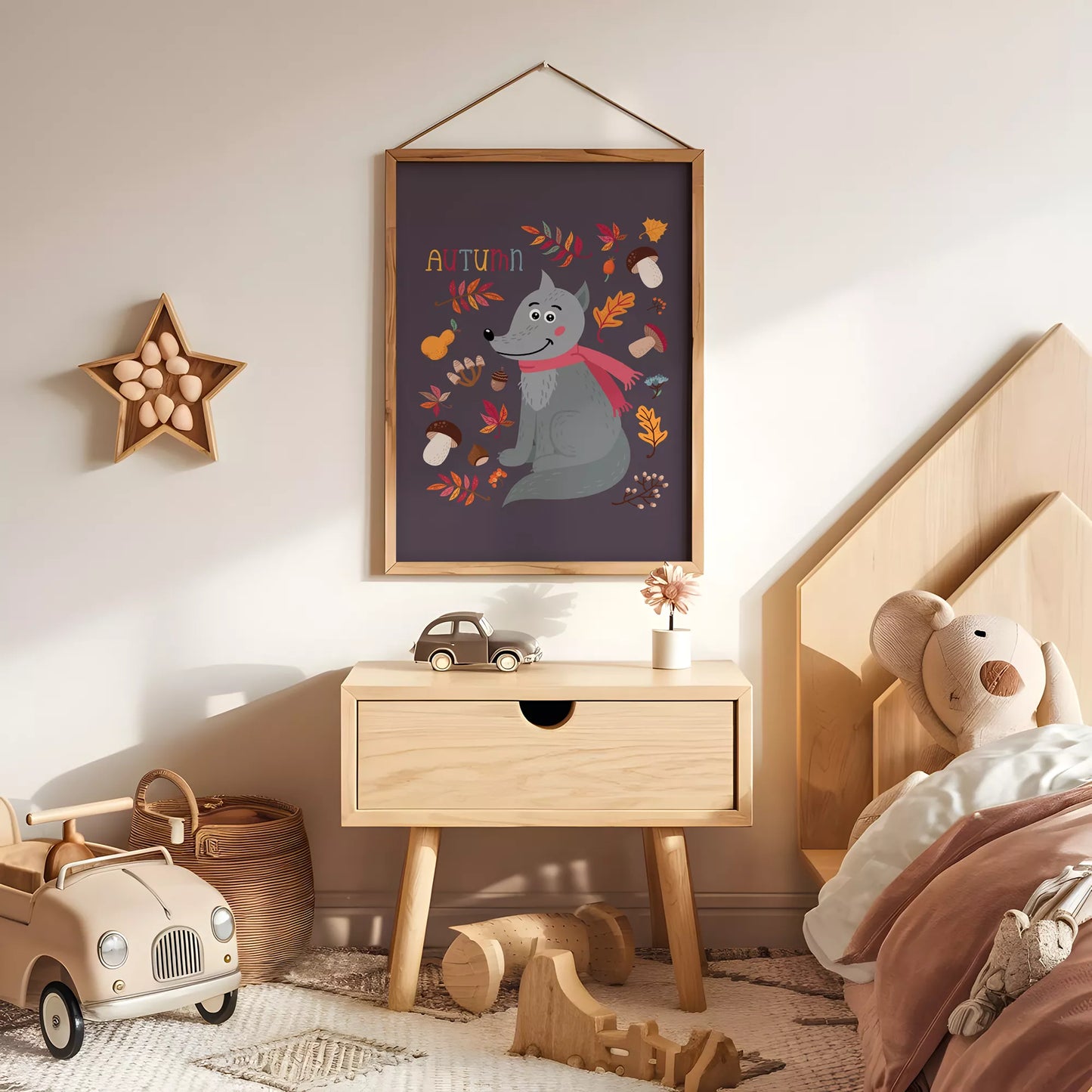 秋のオオカミと落ち葉のかわいいイラスト子供部屋用北欧アートポスター