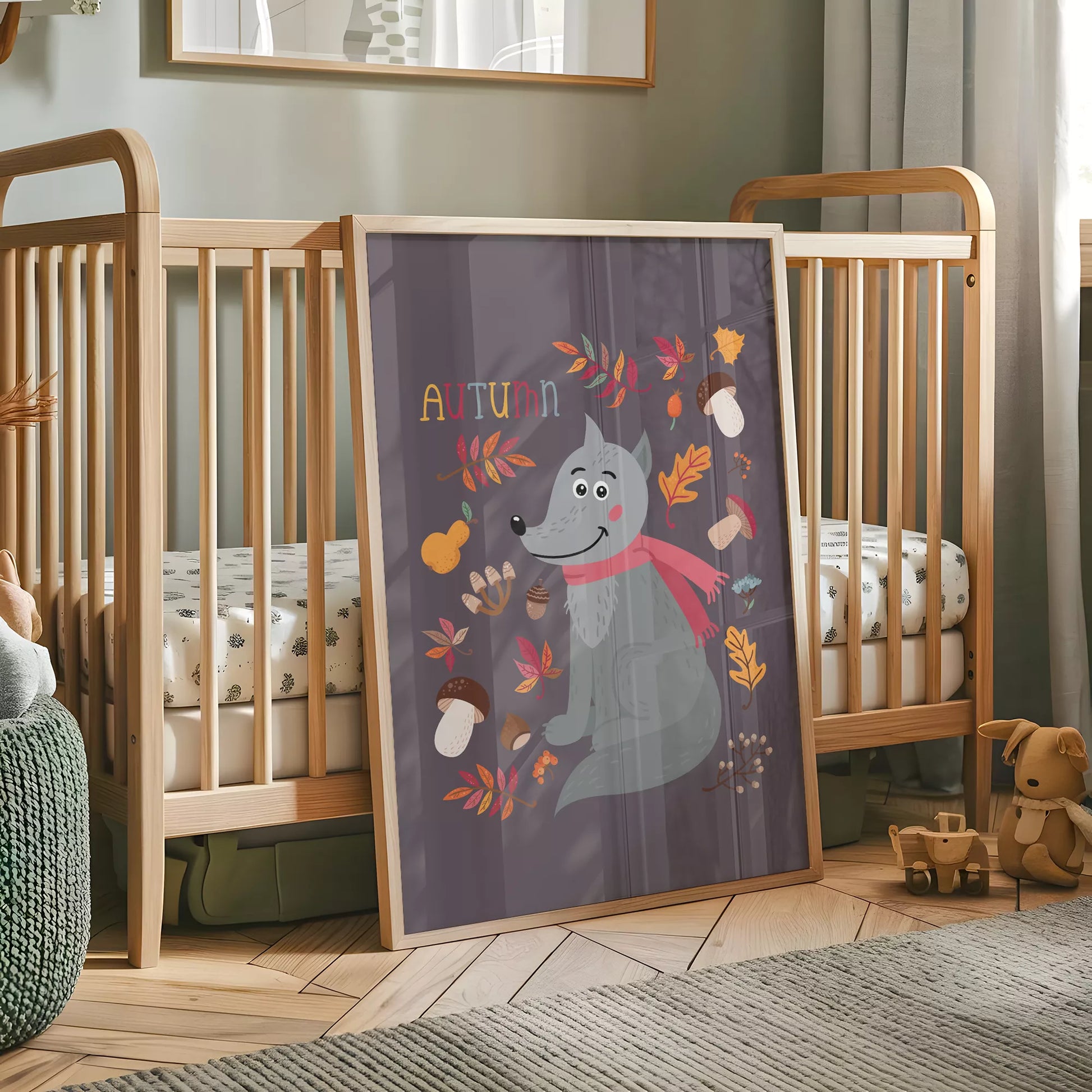 秋のオオカミと落ち葉のかわいいイラスト子供部屋用北欧アートポスター