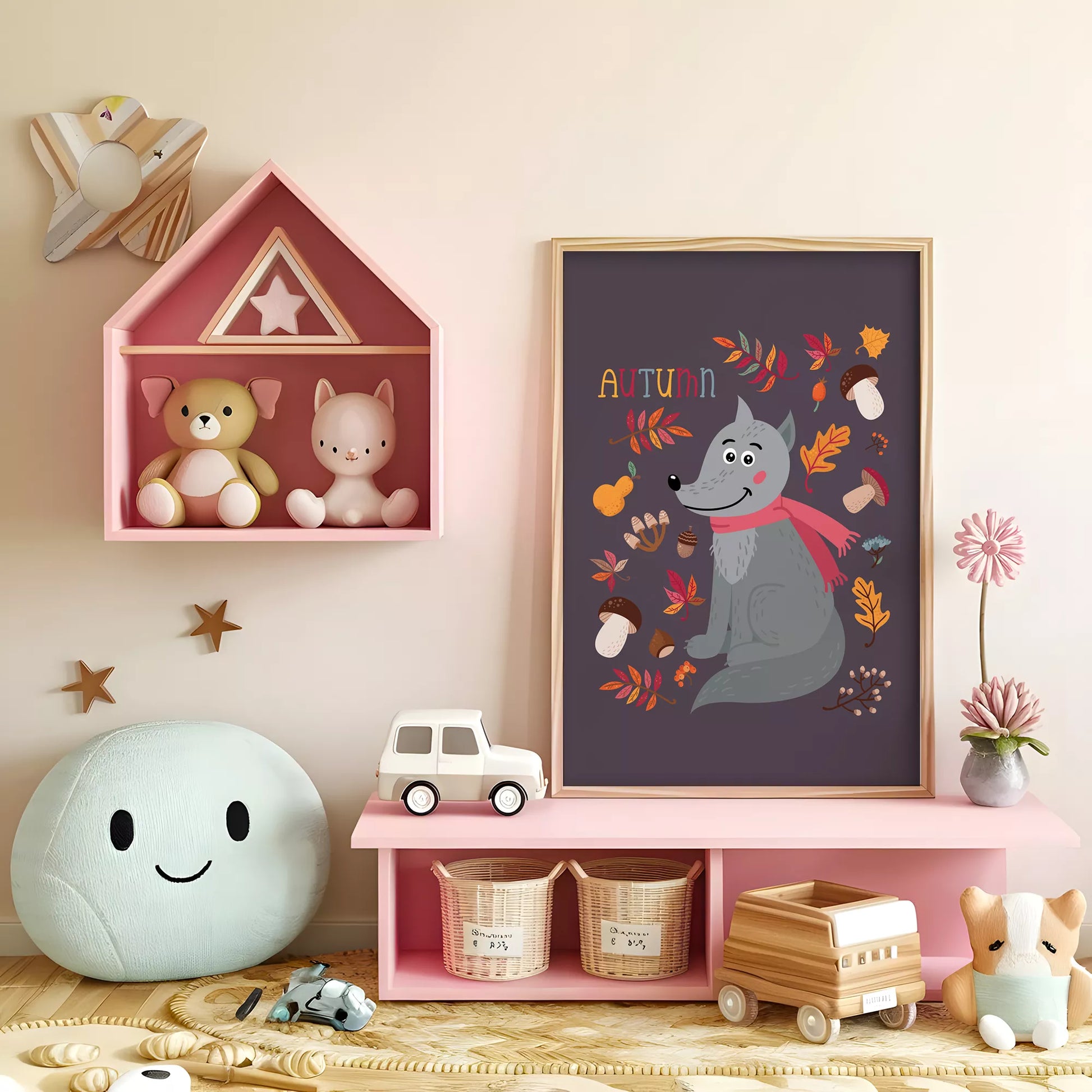 秋のオオカミと落ち葉のかわいいイラスト子供部屋用北欧アートポスター