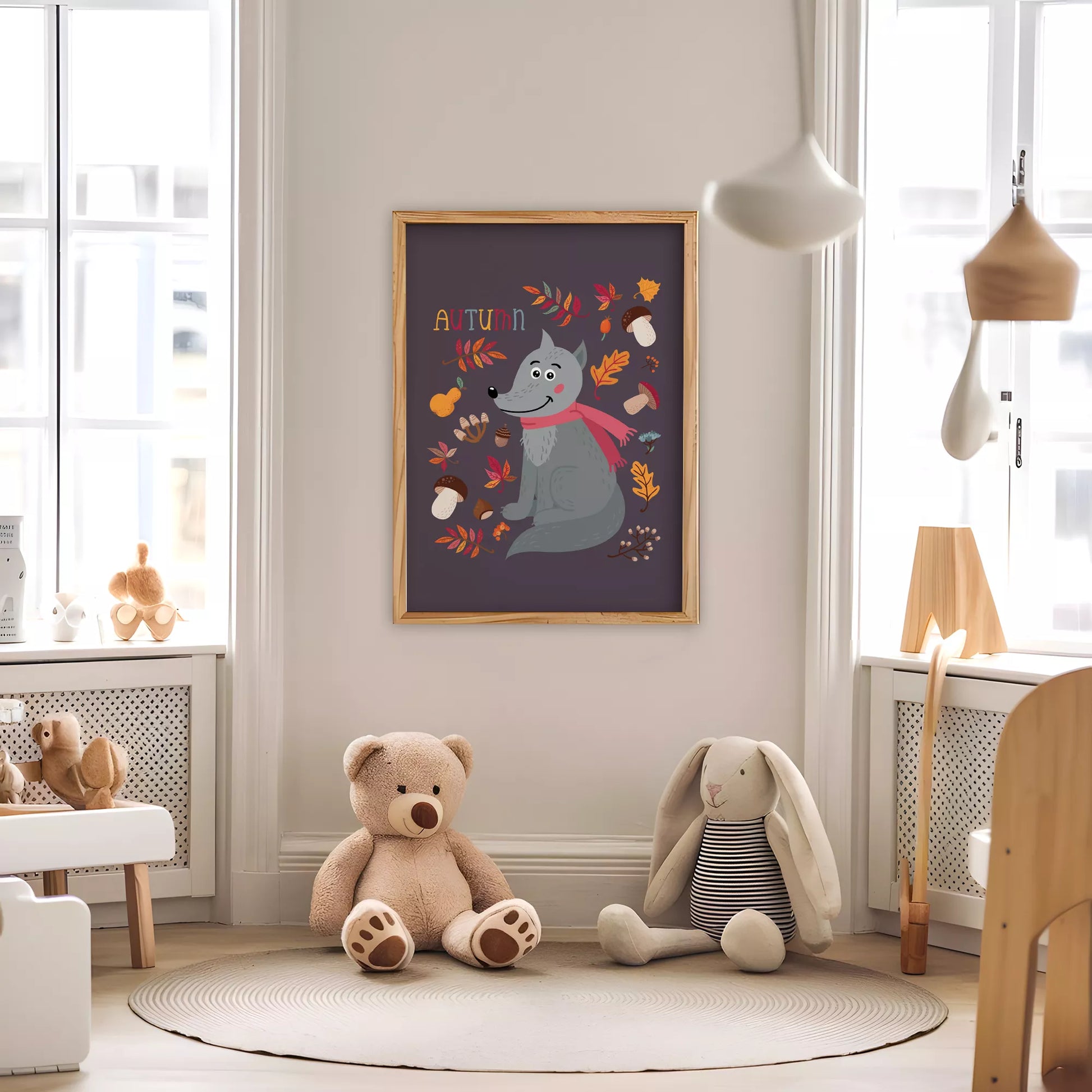 秋のオオカミと落ち葉のかわいいイラスト子供部屋用北欧アートポスター