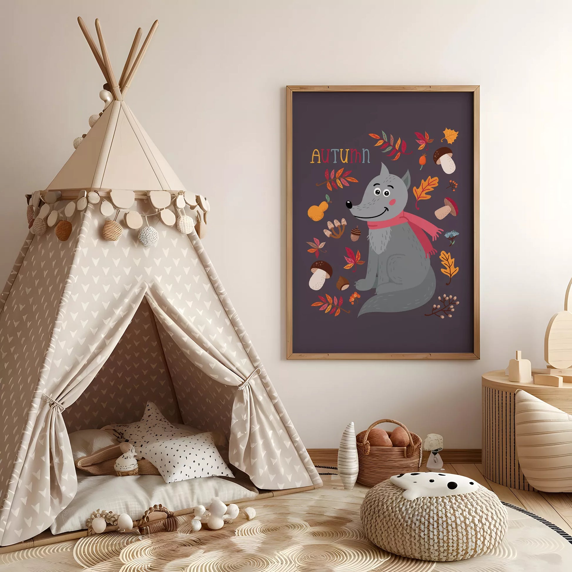 秋のオオカミと落ち葉のかわいいイラスト子供部屋用北欧アートポスター