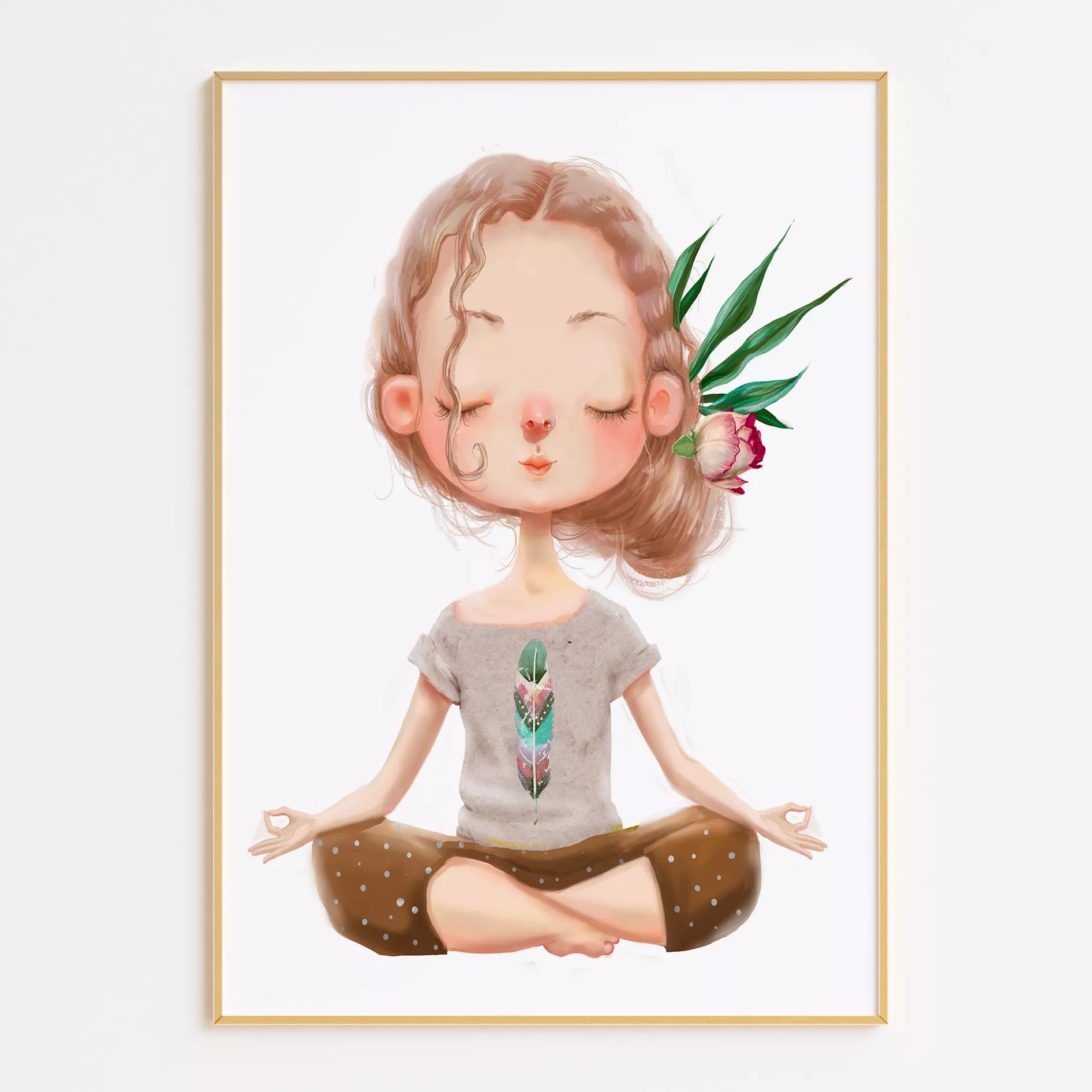 ヨガガールと花柄の北欧スタイルキッズアートポスター